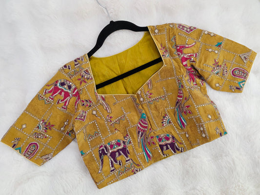 Antique Olive Mustard Crepe Silk Designer Blouse with Heritage Outline Embroidery