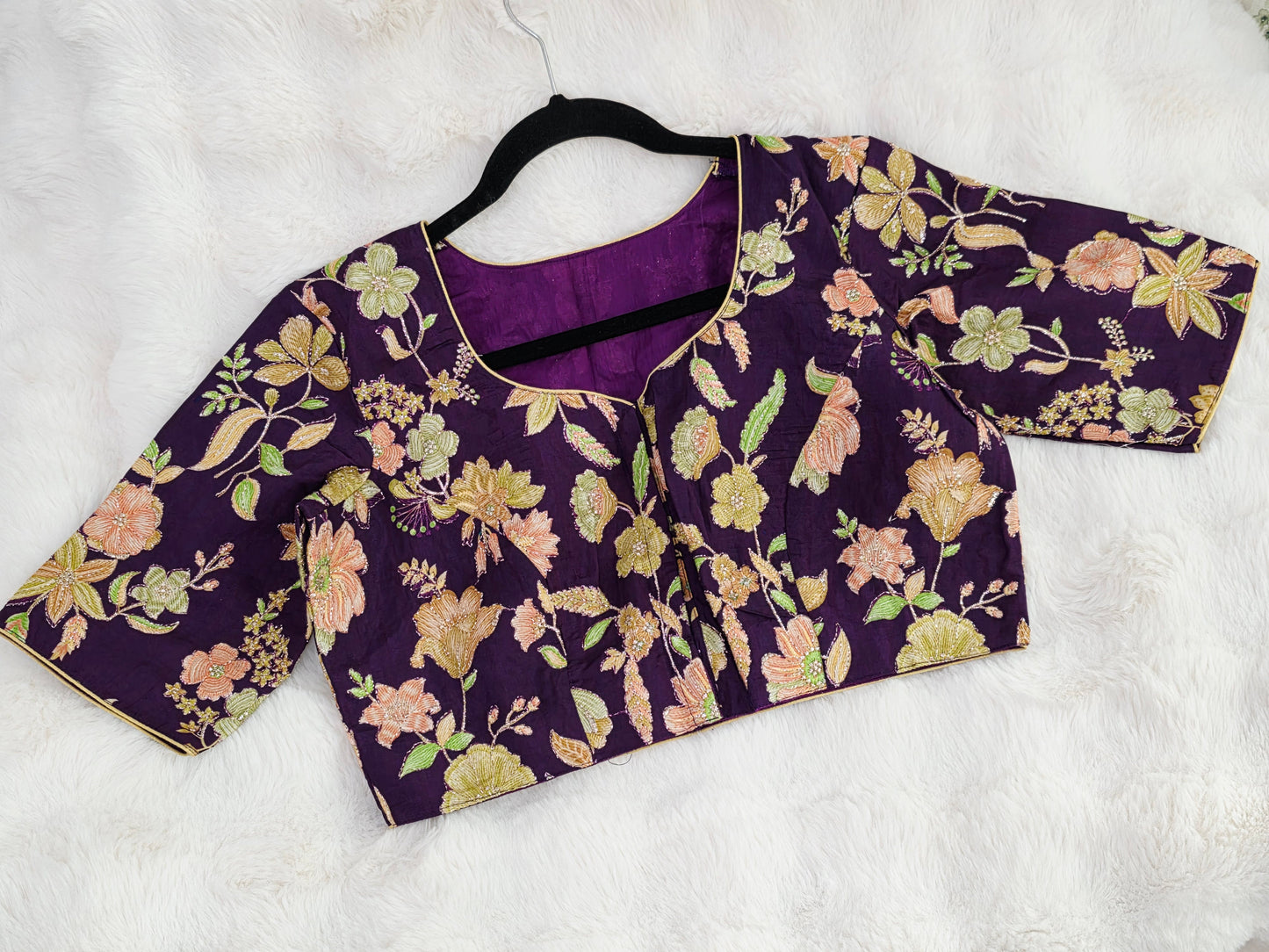 Royal Plum Crepe Silk Designer Blouse with Floral Outline Embroidery