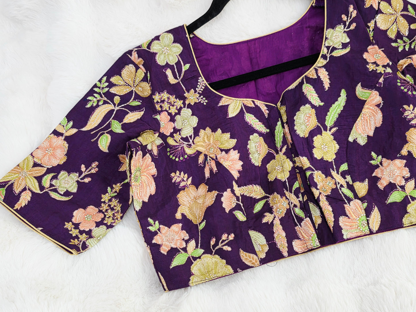 Royal Plum Crepe Silk Designer Blouse with Floral Outline Embroidery
