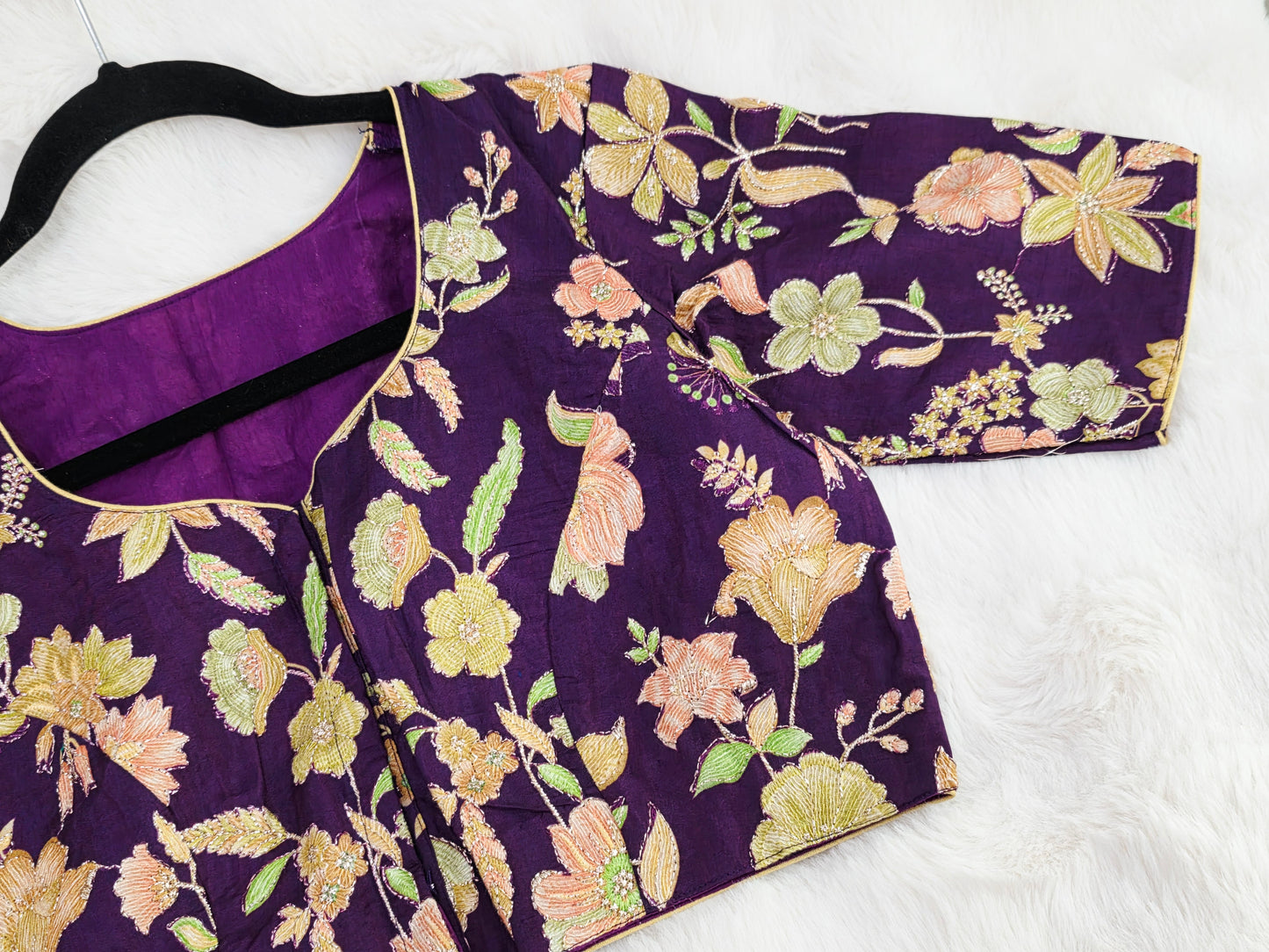 Royal Plum Crepe Silk Designer Blouse with Floral Outline Embroidery