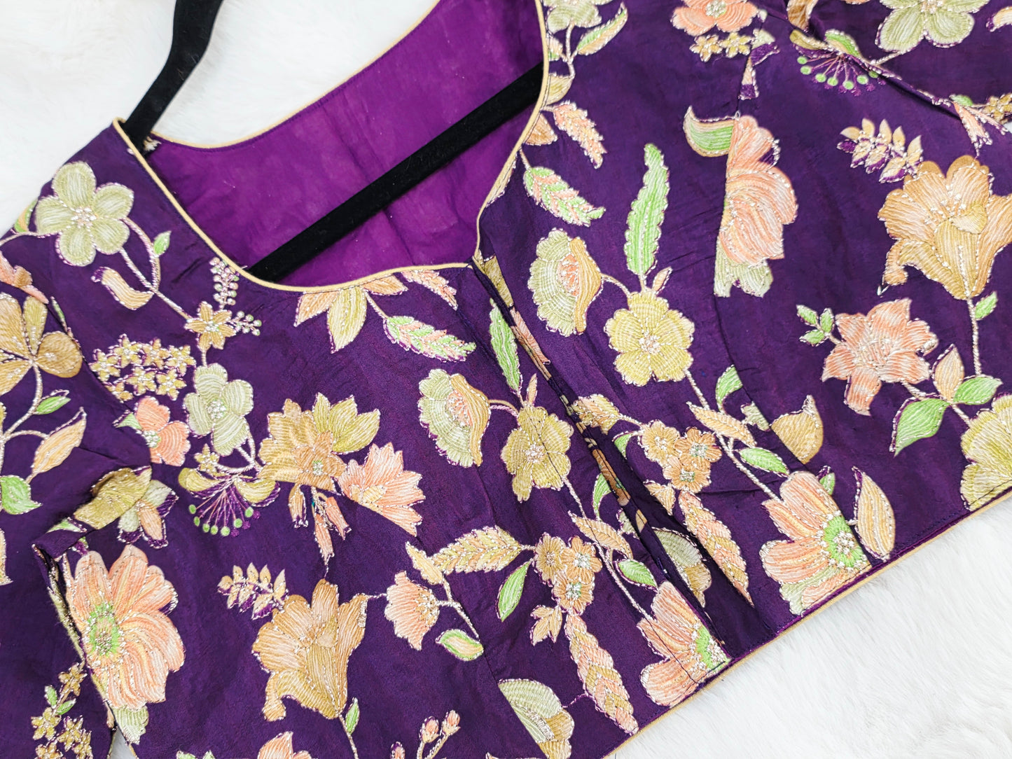 Royal Plum Crepe Silk Designer Blouse with Floral Outline Embroidery