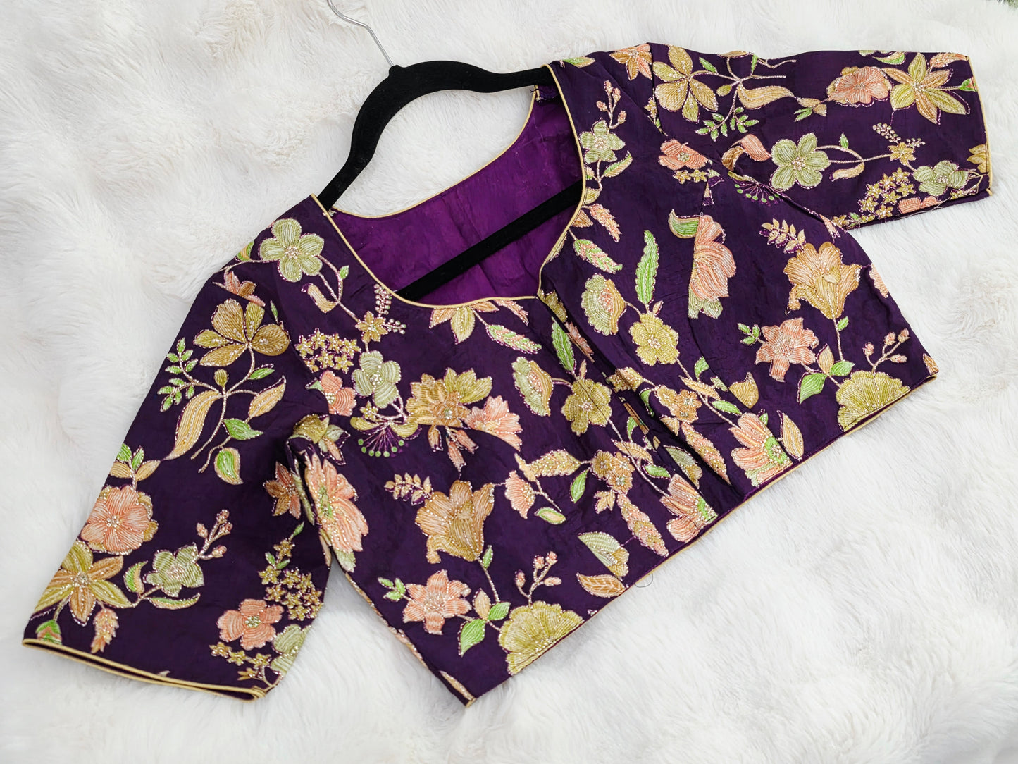 Royal Plum Crepe Silk Designer Blouse with Floral Outline Embroidery