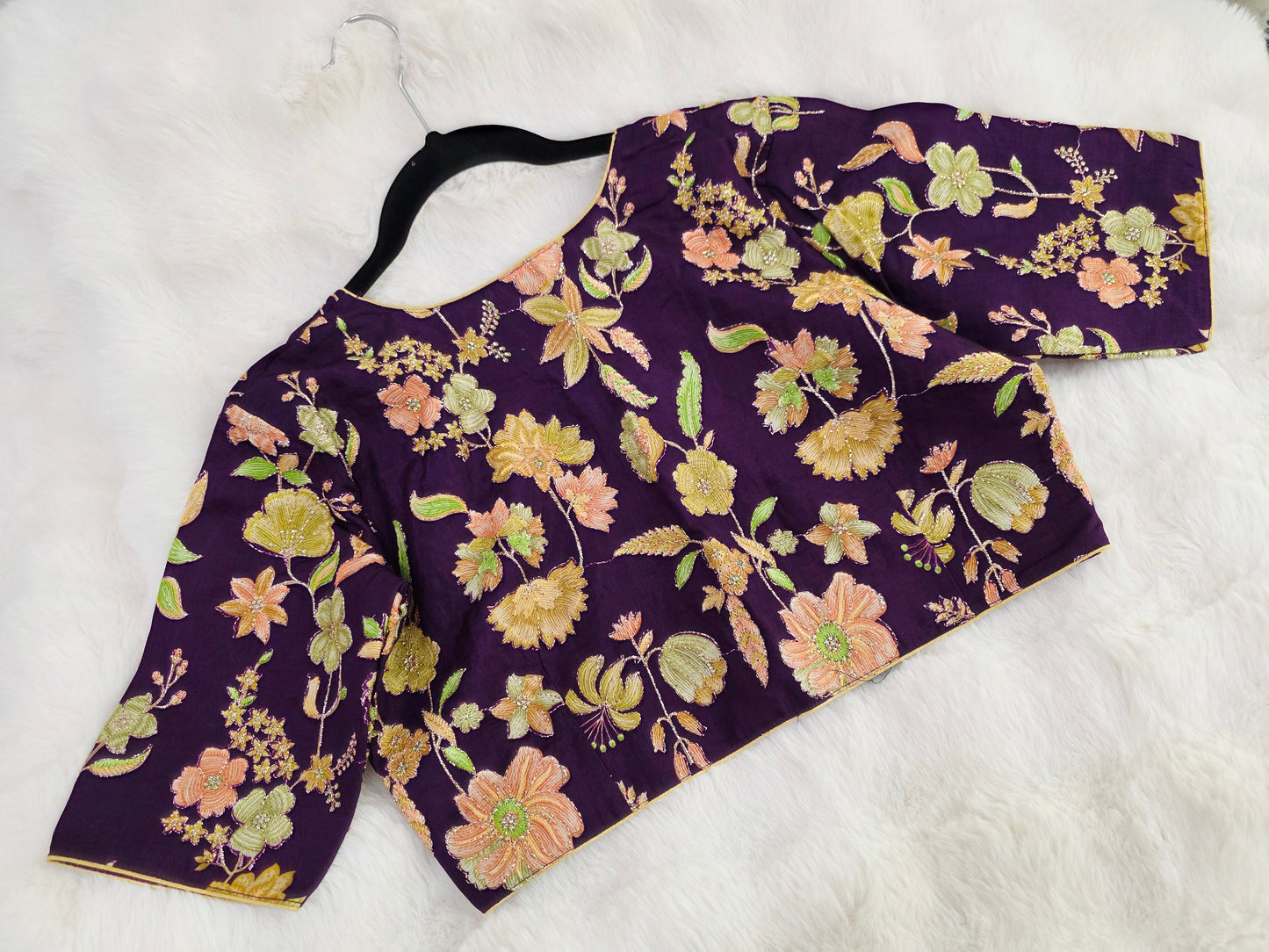Royal Plum Crepe Silk Designer Blouse with Floral Outline Embroidery