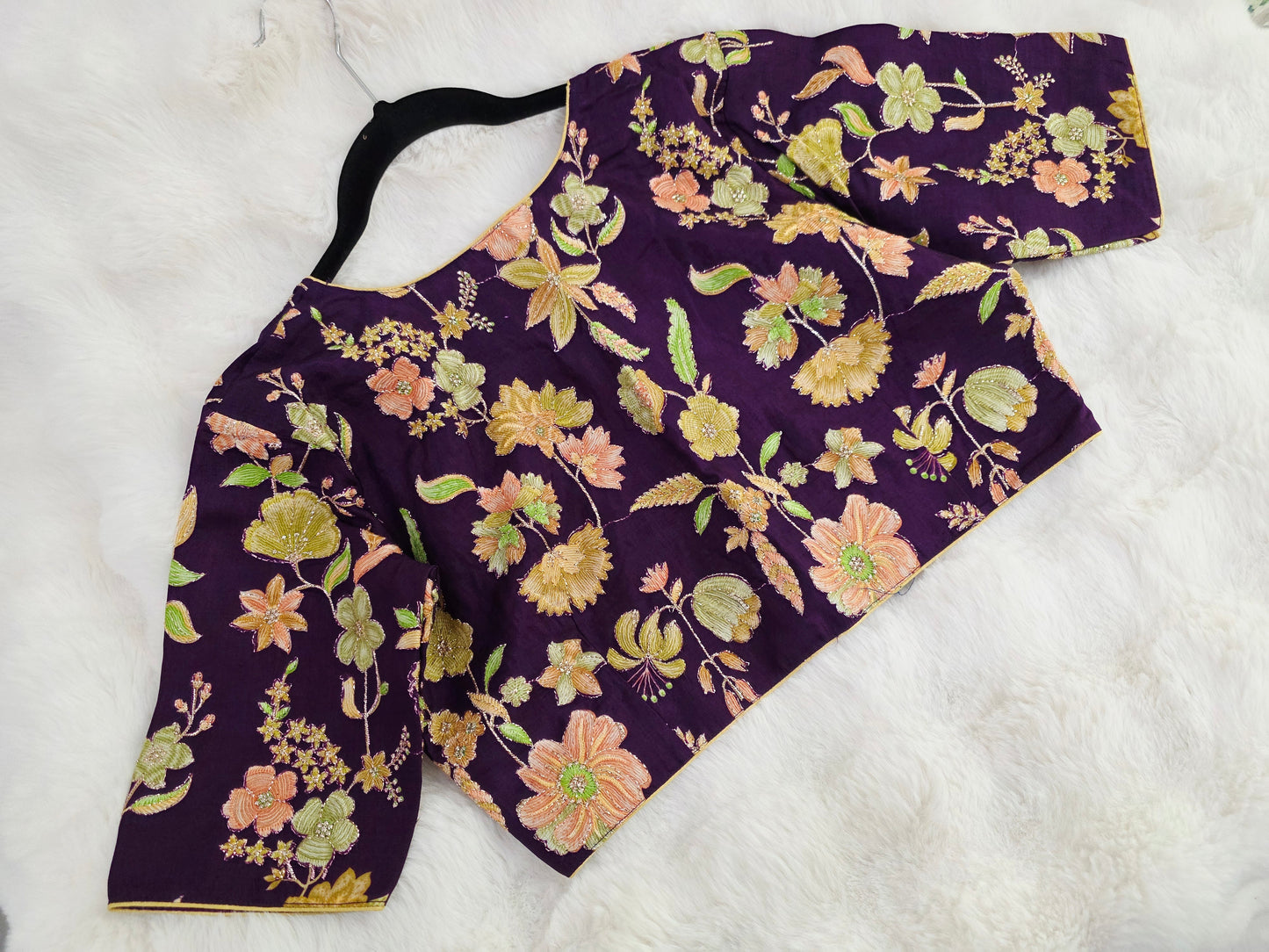 Royal Plum Crepe Silk Designer Blouse with Floral Outline Embroidery