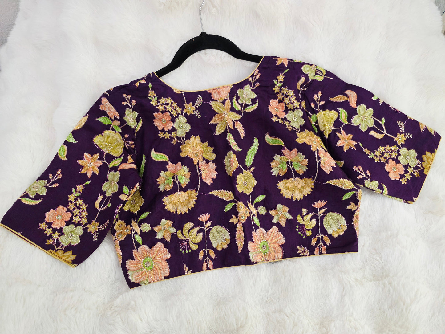Royal Plum Crepe Silk Designer Blouse with Floral Outline Embroidery