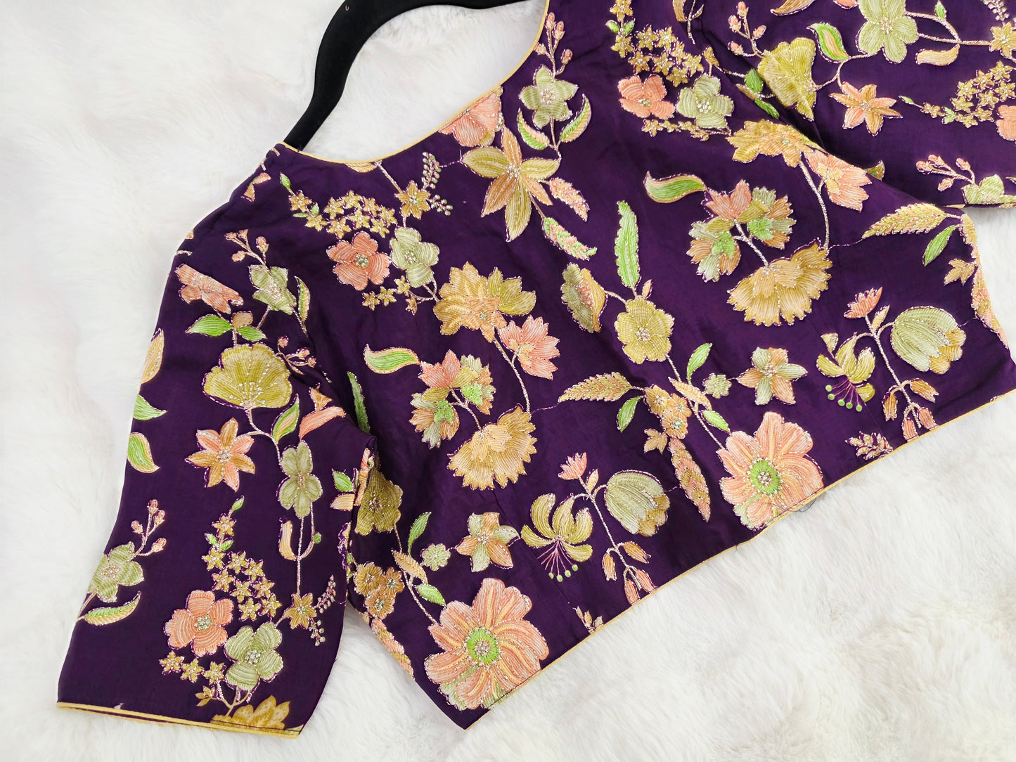 Royal Plum Crepe Silk Designer Blouse with Floral Outline Embroidery
