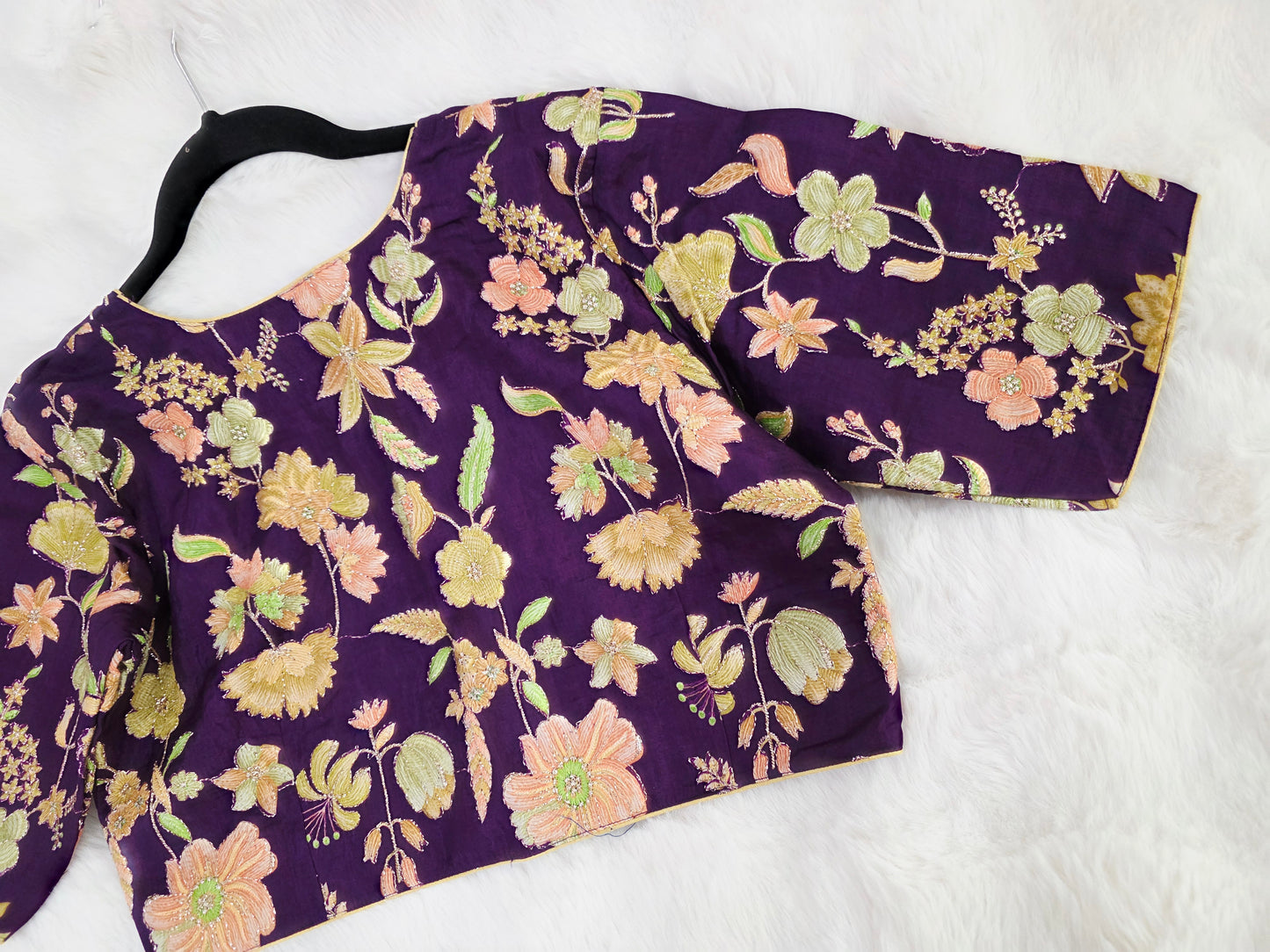 Royal Plum Crepe Silk Designer Blouse with Floral Outline Embroidery