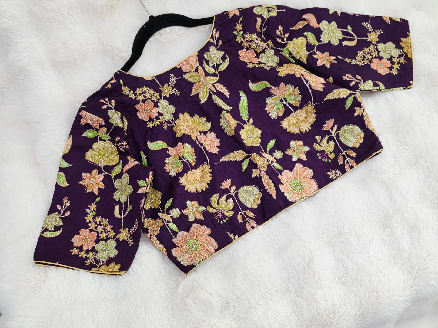 Royal Plum Crepe Silk Designer Blouse with Floral Outline Embroidery