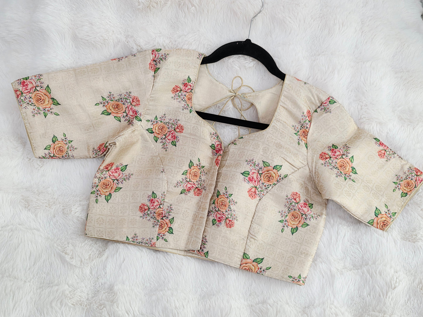 Ivory Blush Floral Print Benarasi Silk Designer Blouse