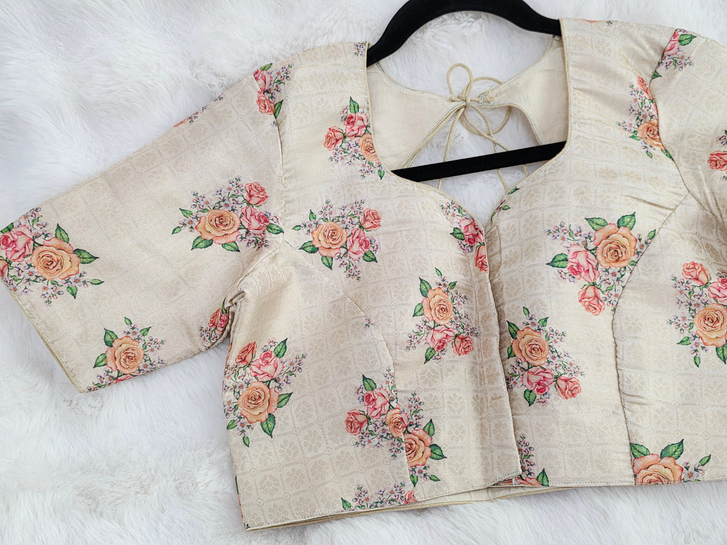 Ivory Blush Floral Print Benarasi Silk Designer Blouse