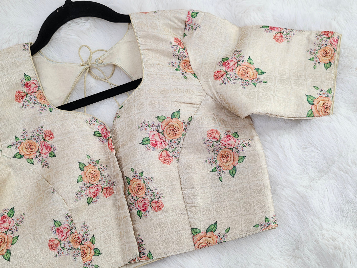Ivory Blush Floral Print Benarasi Silk Designer Blouse