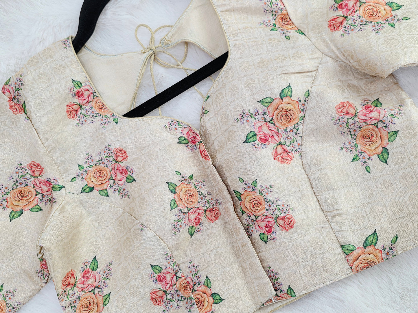 Ivory Blush Floral Print Benarasi Silk Designer Blouse