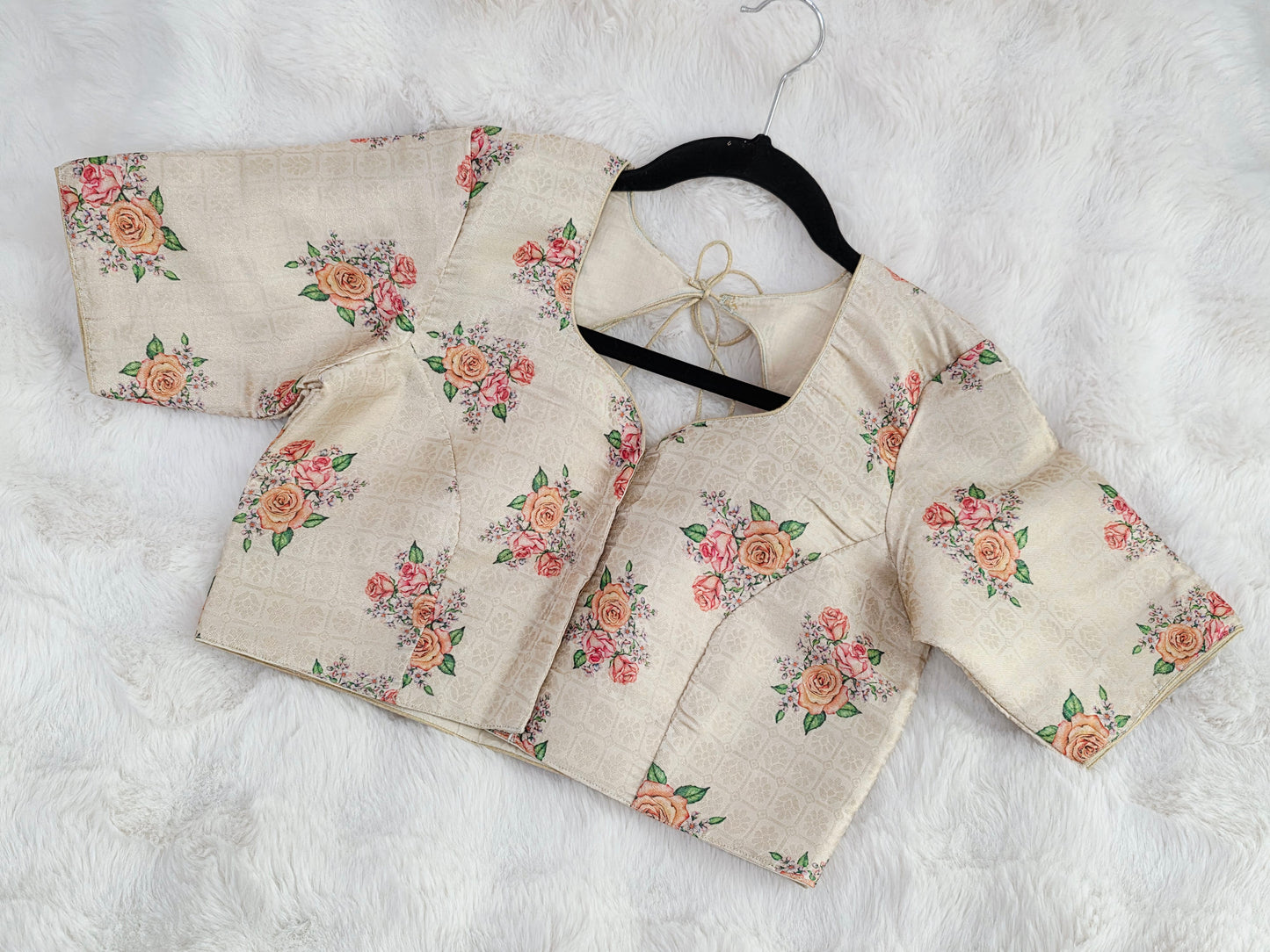 Ivory Blush Floral Print Benarasi Silk Designer Blouse