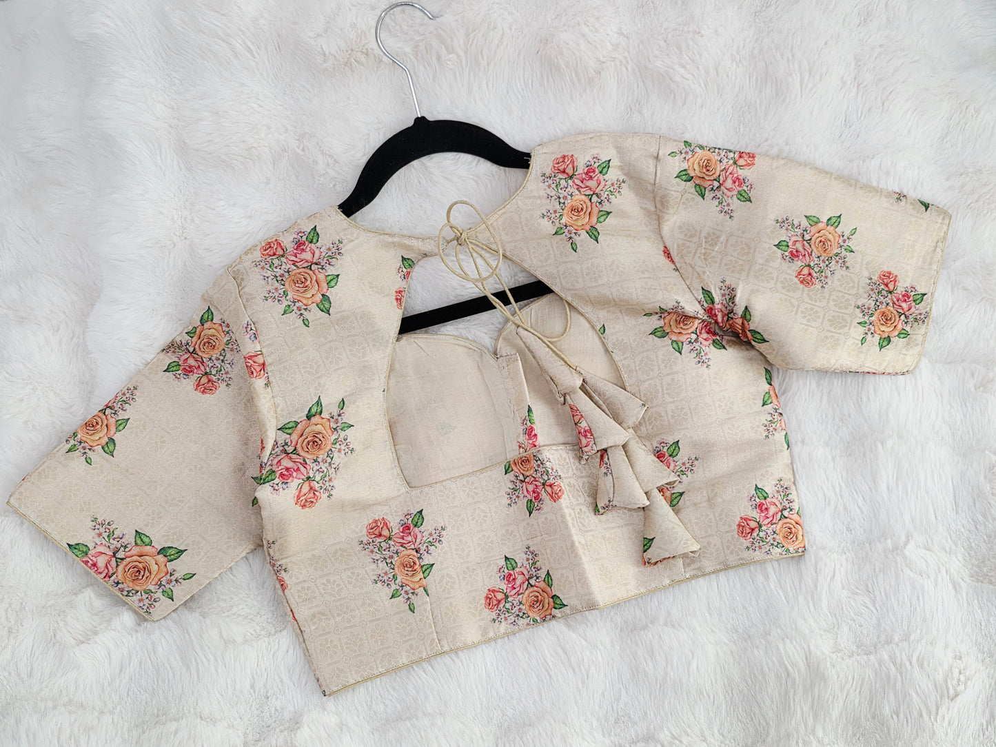 Ivory Blush Floral Print Benarasi Silk Designer Blouse