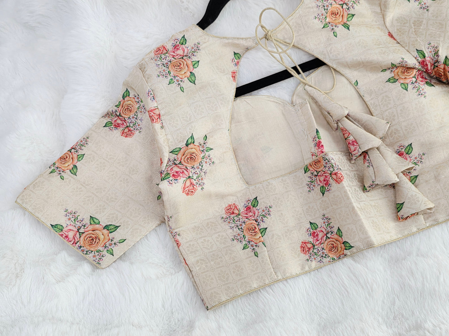 Ivory Blush Floral Print Benarasi Silk Designer Blouse