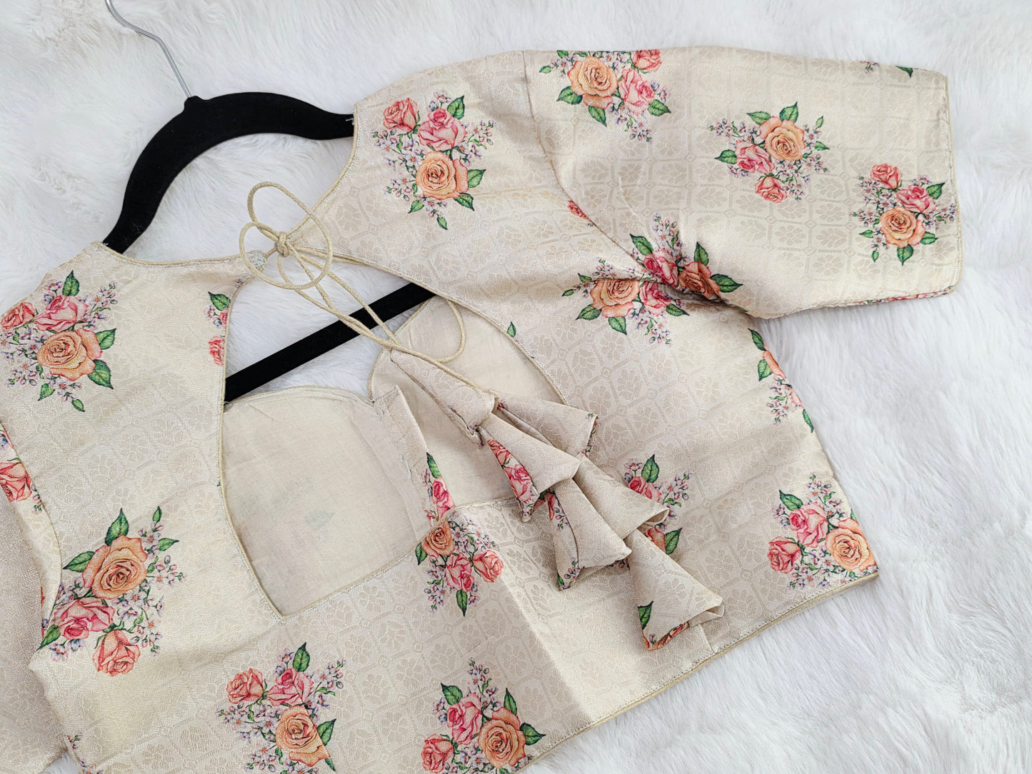 Ivory Blush Floral Print Benarasi Silk Designer Blouse