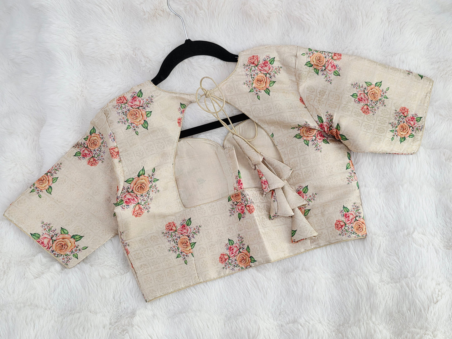 Ivory Blush Floral Print Benarasi Silk Designer Blouse