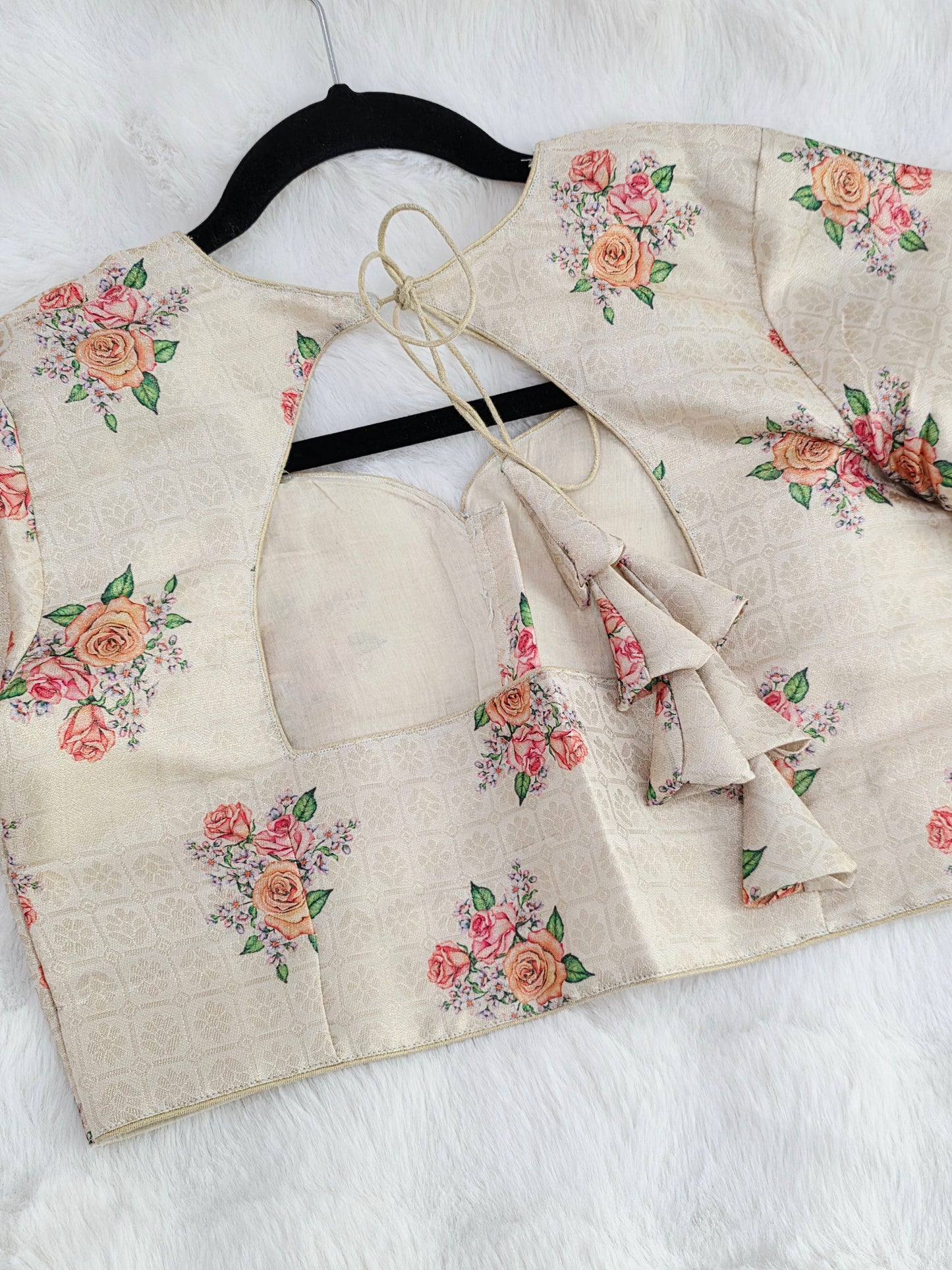 Ivory Blush Floral Print Benarasi Silk Designer Blouse