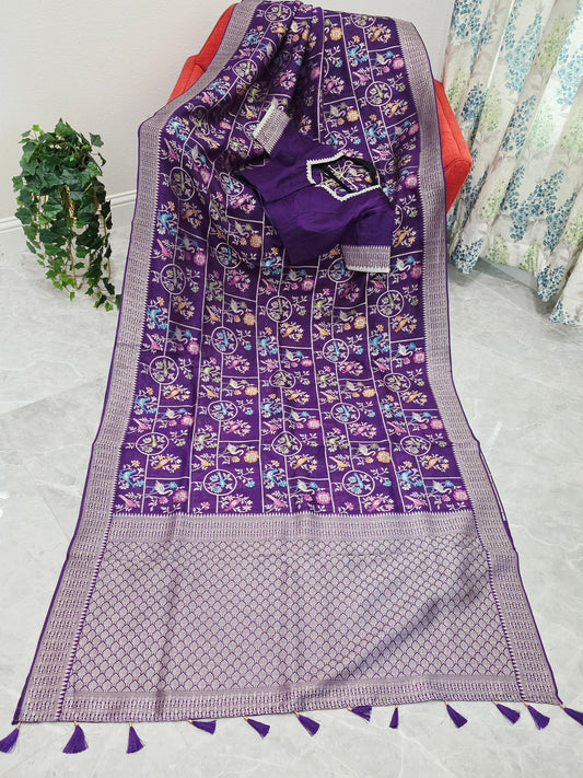 Royal Violet Chanderi Linen Tussar Blended Benarasi Saree With Stitched Blouse