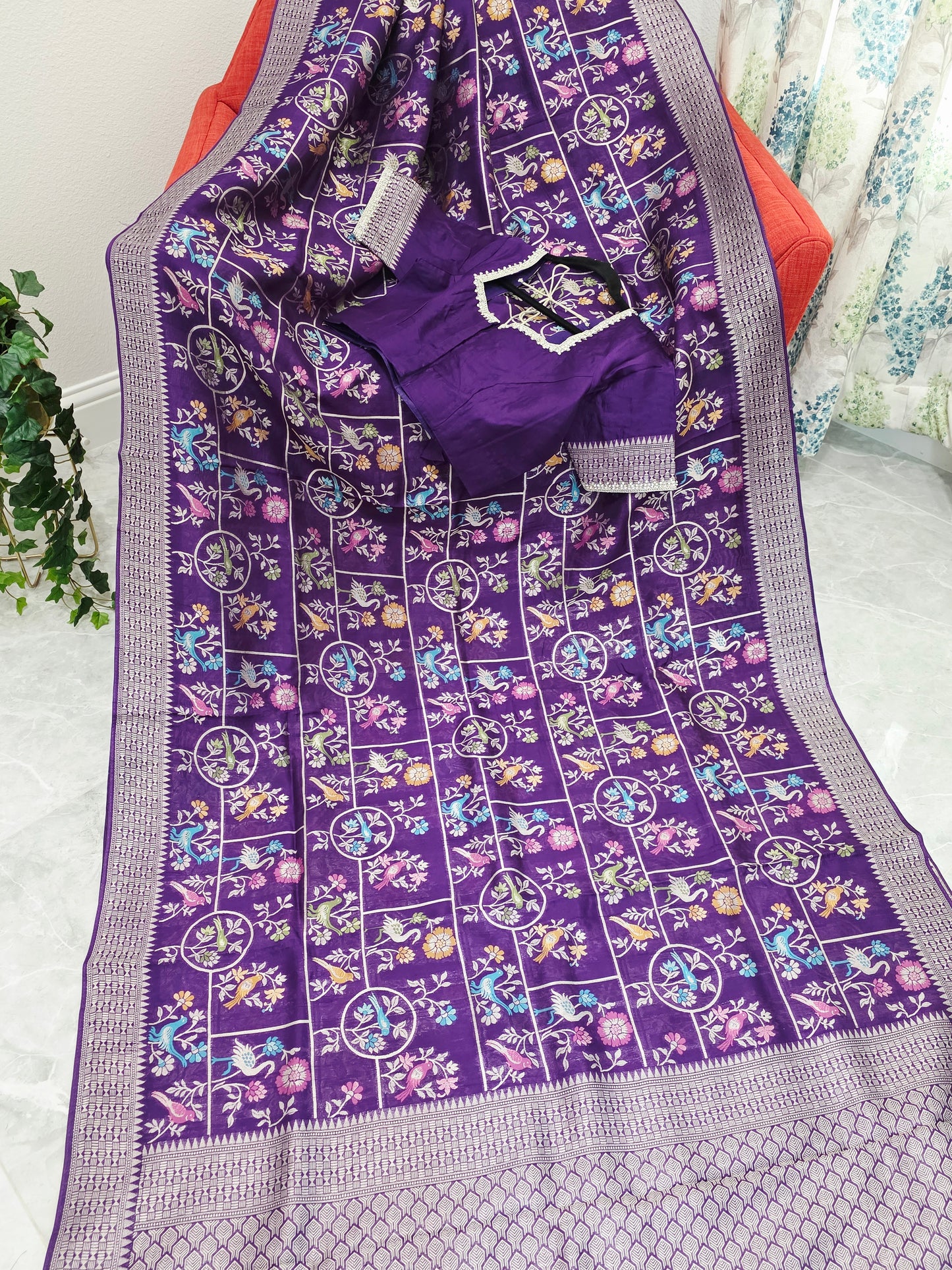 Royal Violet Chanderi Linen Tussar Blended Benarasi Saree With Stitched Blouse