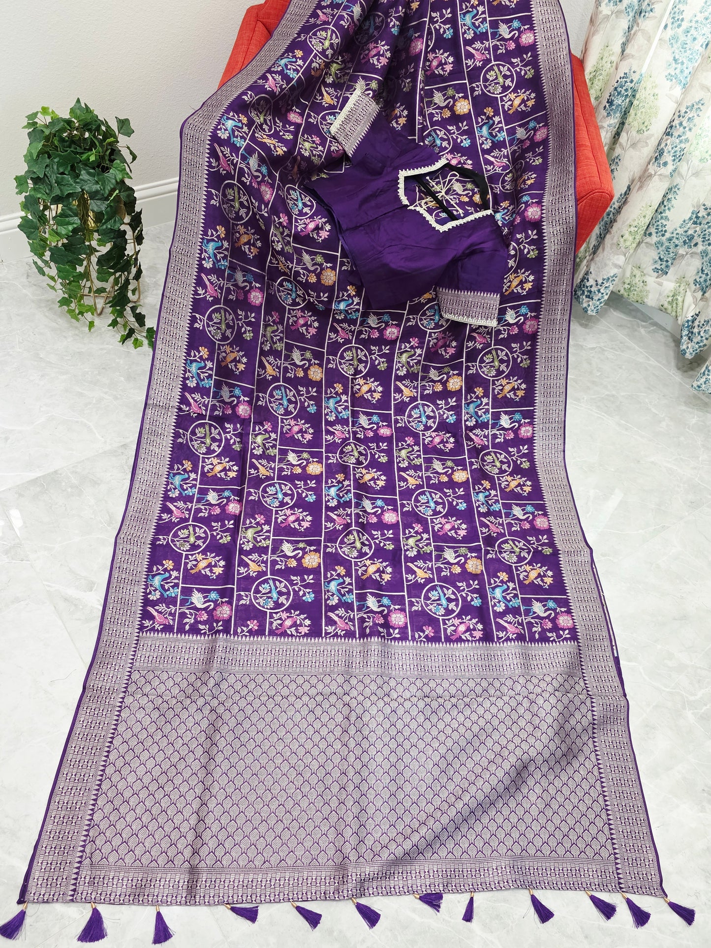 Royal Violet Chanderi Linen Tussar Blended Benarasi Saree With Stitched Blouse
