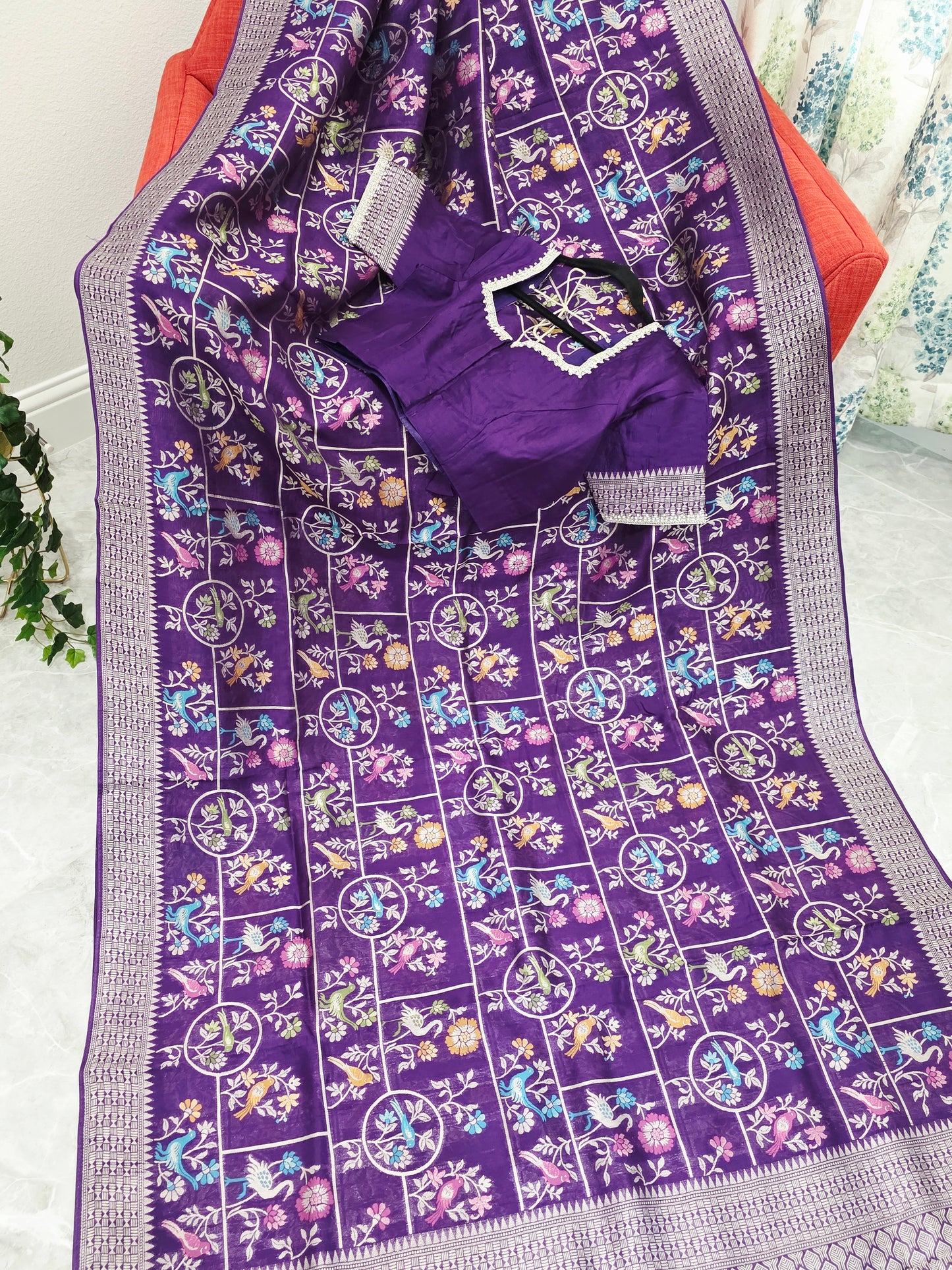 Royal Violet Chanderi Linen Tussar Blended Benarasi Saree With Stitched Blouse