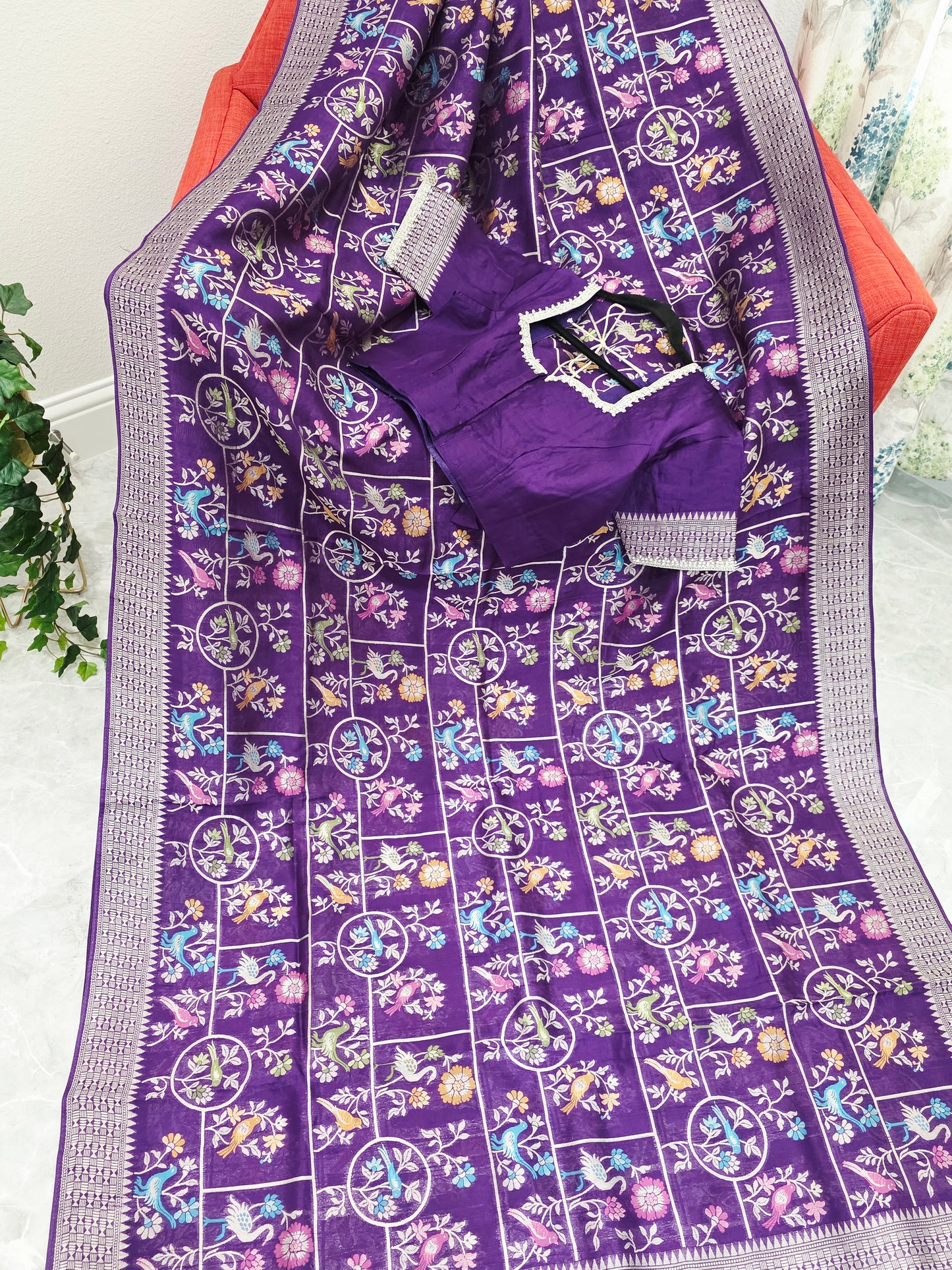 Royal Violet Chanderi Linen Tussar Blended Benarasi Saree With Stitched Blouse
