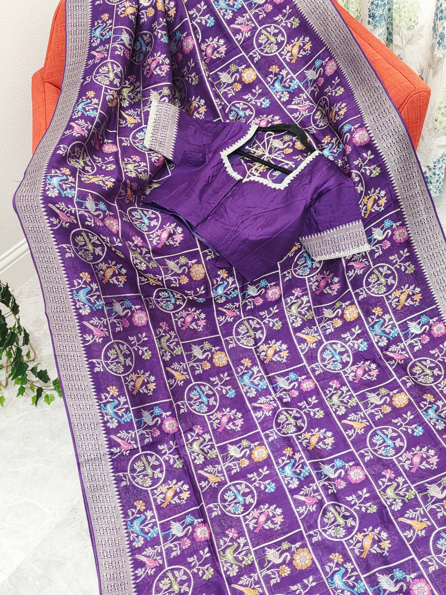 Royal Violet Chanderi Linen Tussar Blended Benarasi Saree With Stitched Blouse