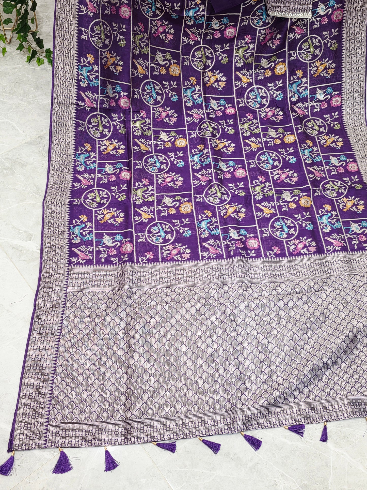Royal Violet Chanderi Linen Tussar Blended Benarasi Saree With Stitched Blouse