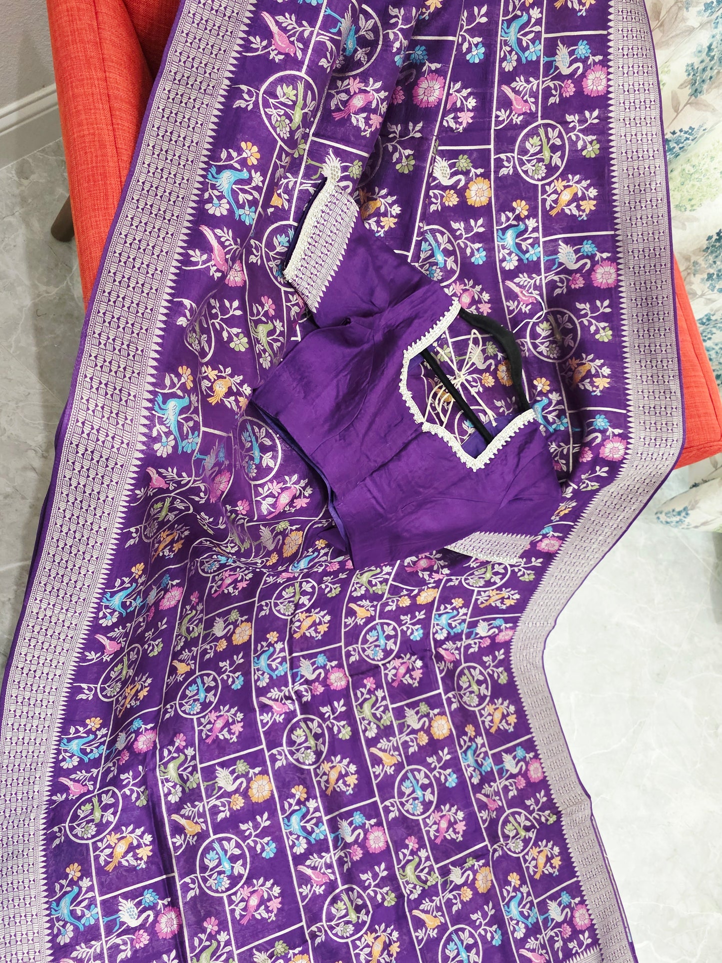 Royal Violet Chanderi Linen Tussar Blended Benarasi Saree With Stitched Blouse