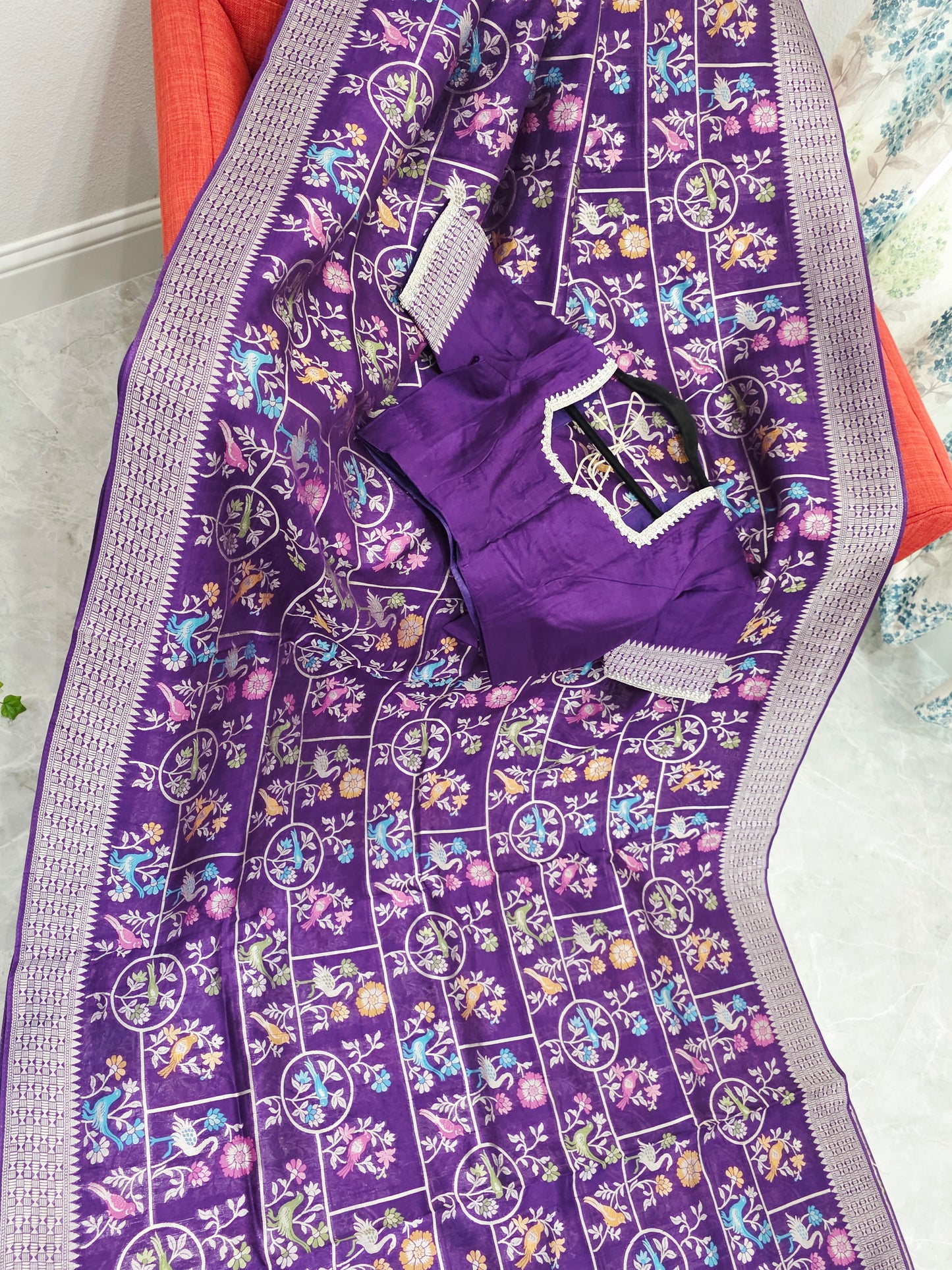 Royal Violet Chanderi Linen Tussar Blended Benarasi Saree With Stitched Blouse