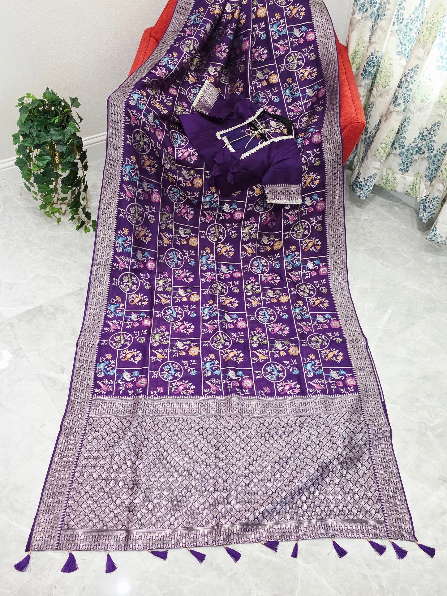 Royal Violet Chanderi Linen Tussar Blended Benarasi Saree With Stitched Blouse