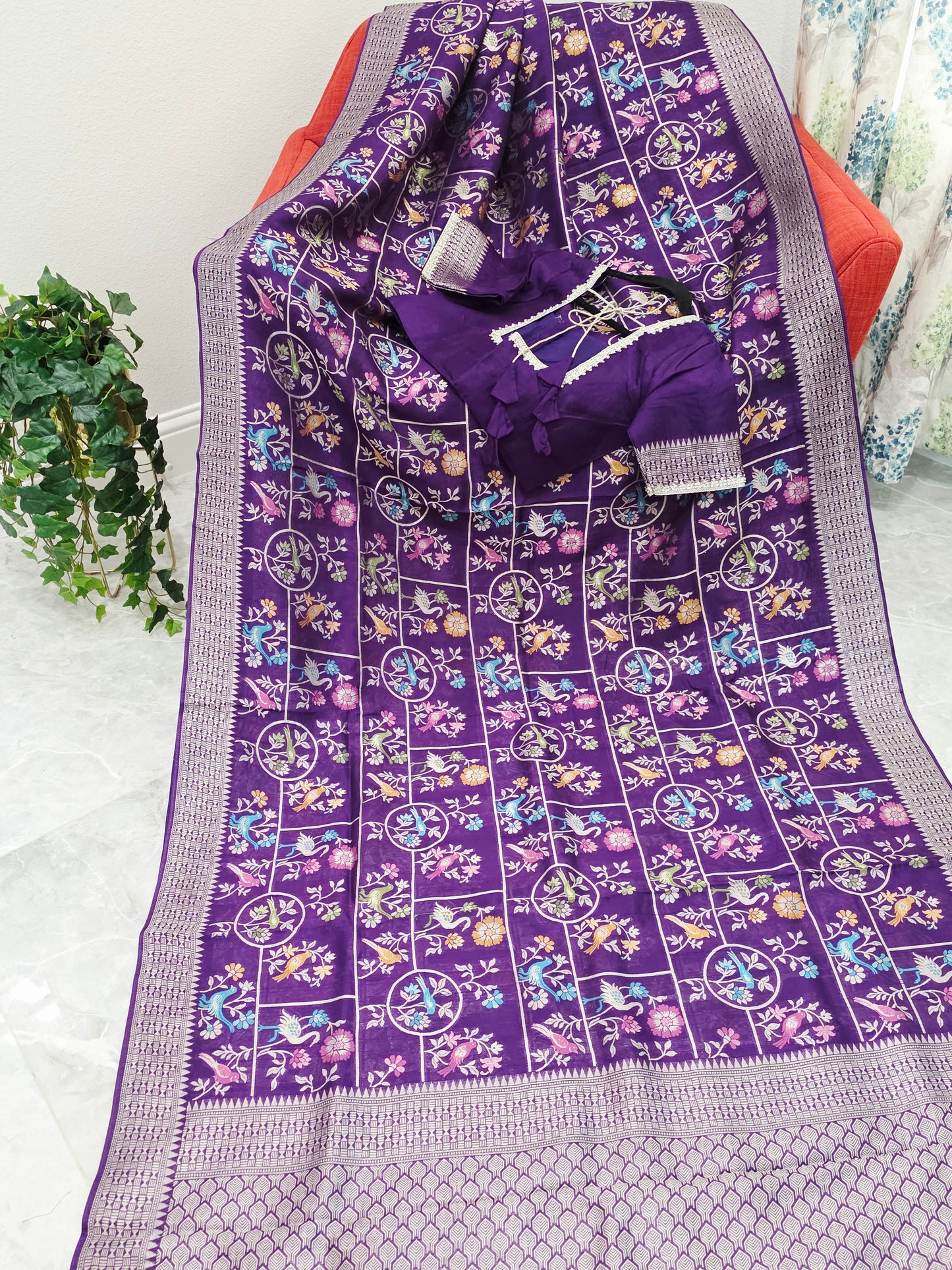Royal Violet Chanderi Linen Tussar Blended Benarasi Saree With Stitched Blouse