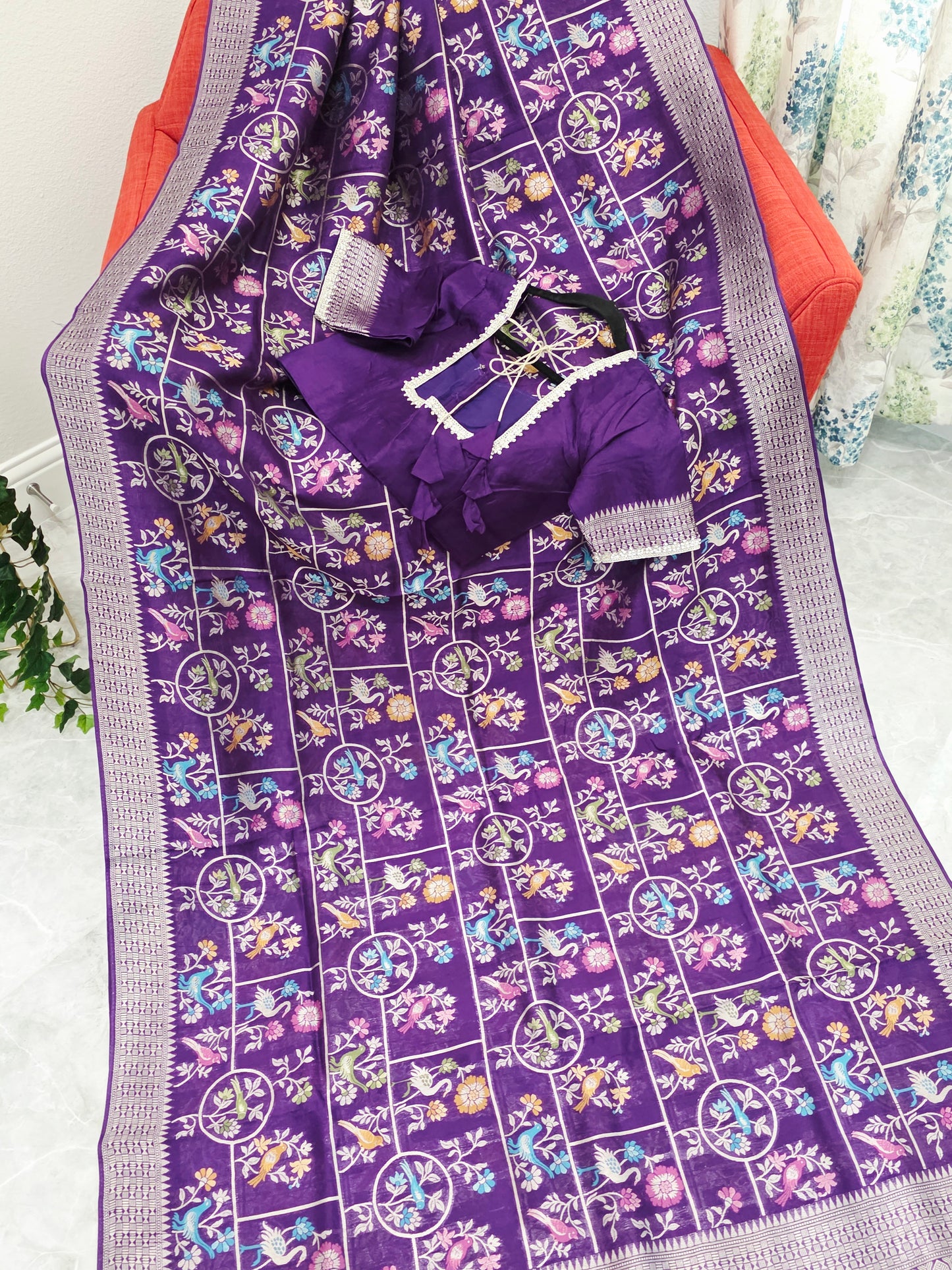 Royal Violet Chanderi Linen Tussar Blended Benarasi Saree With Stitched Blouse