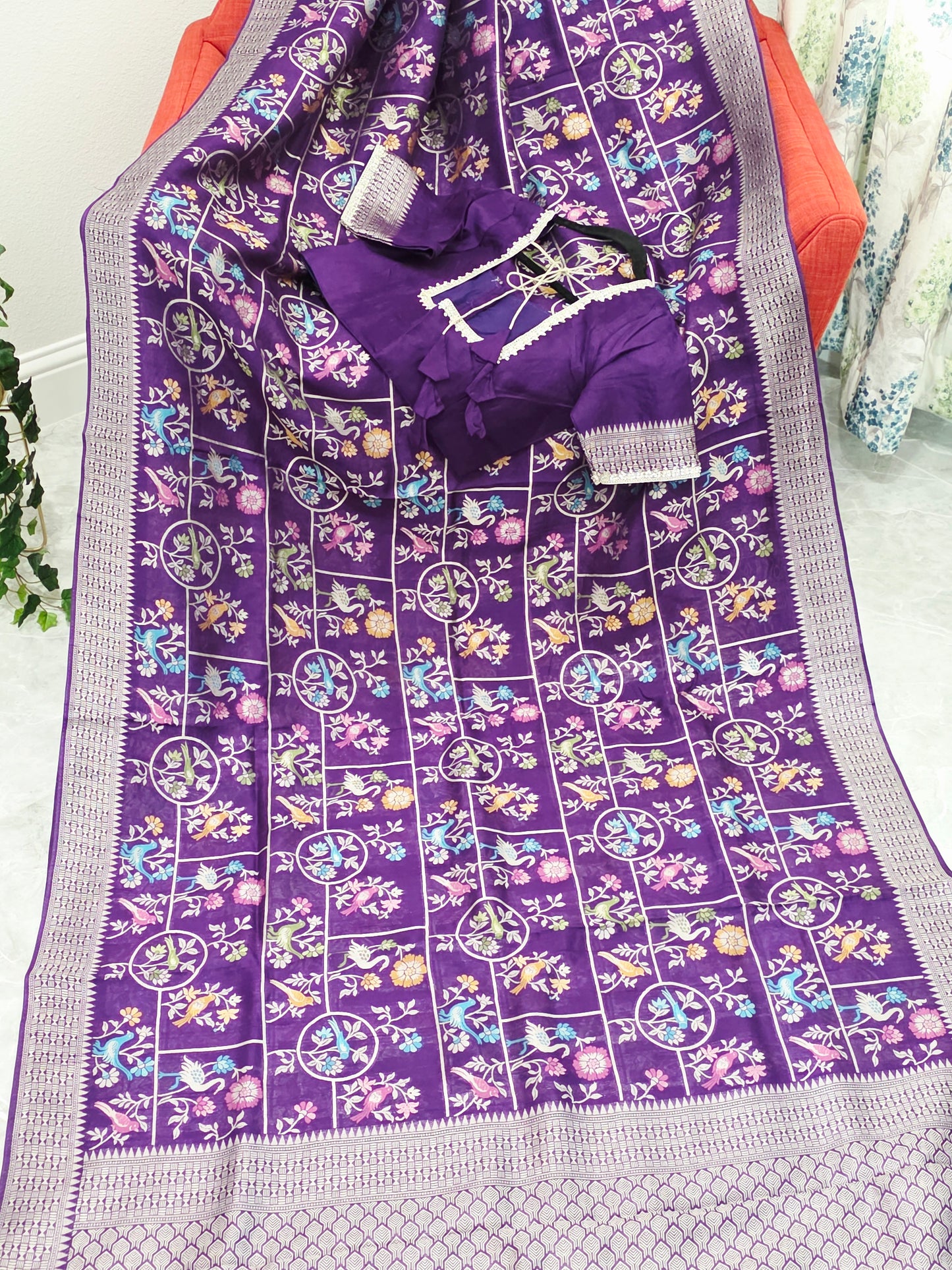 Royal Violet Chanderi Linen Tussar Blended Benarasi Saree With Stitched Blouse