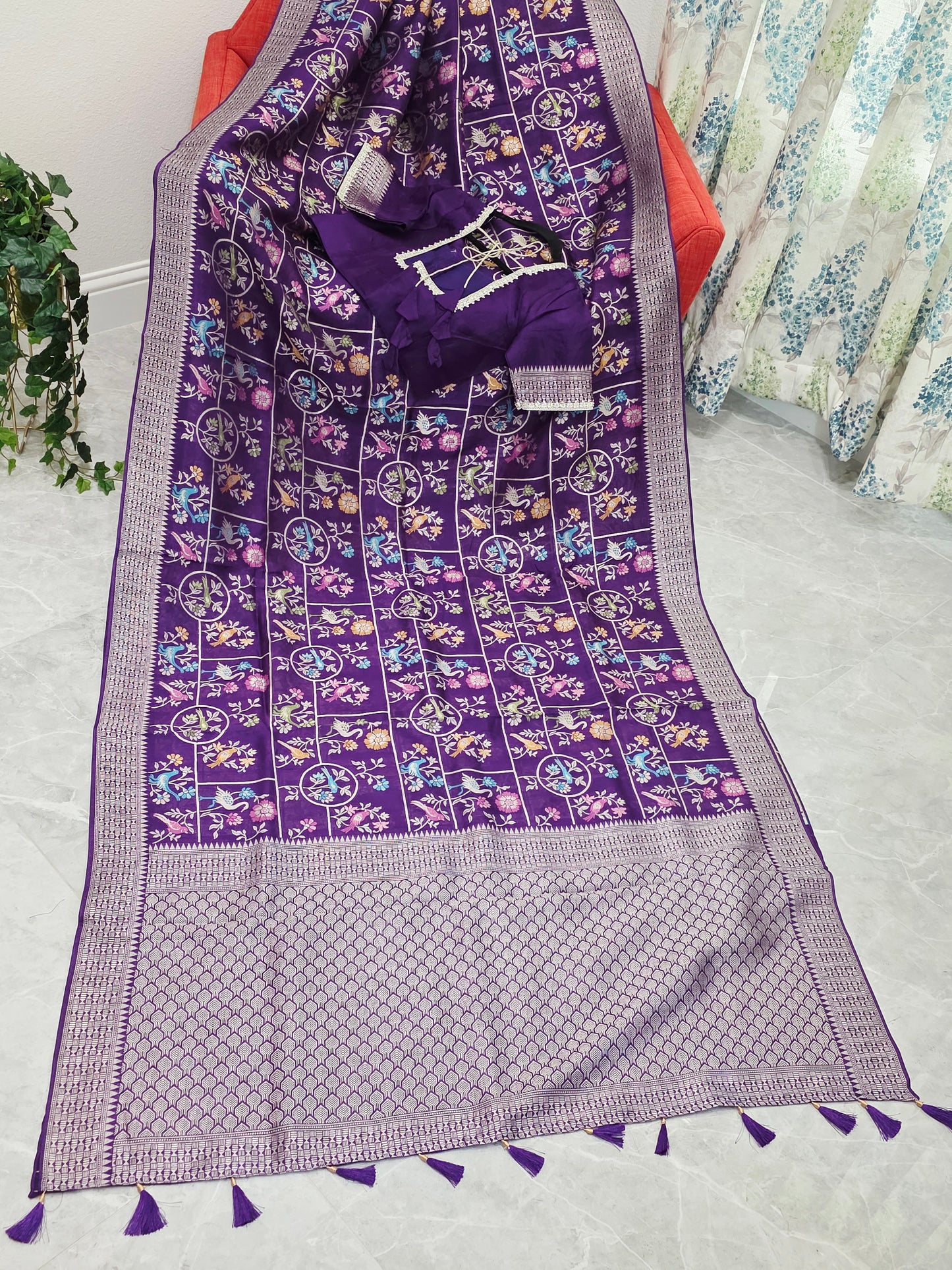 Royal Violet Chanderi Linen Tussar Blended Benarasi Saree With Stitched Blouse