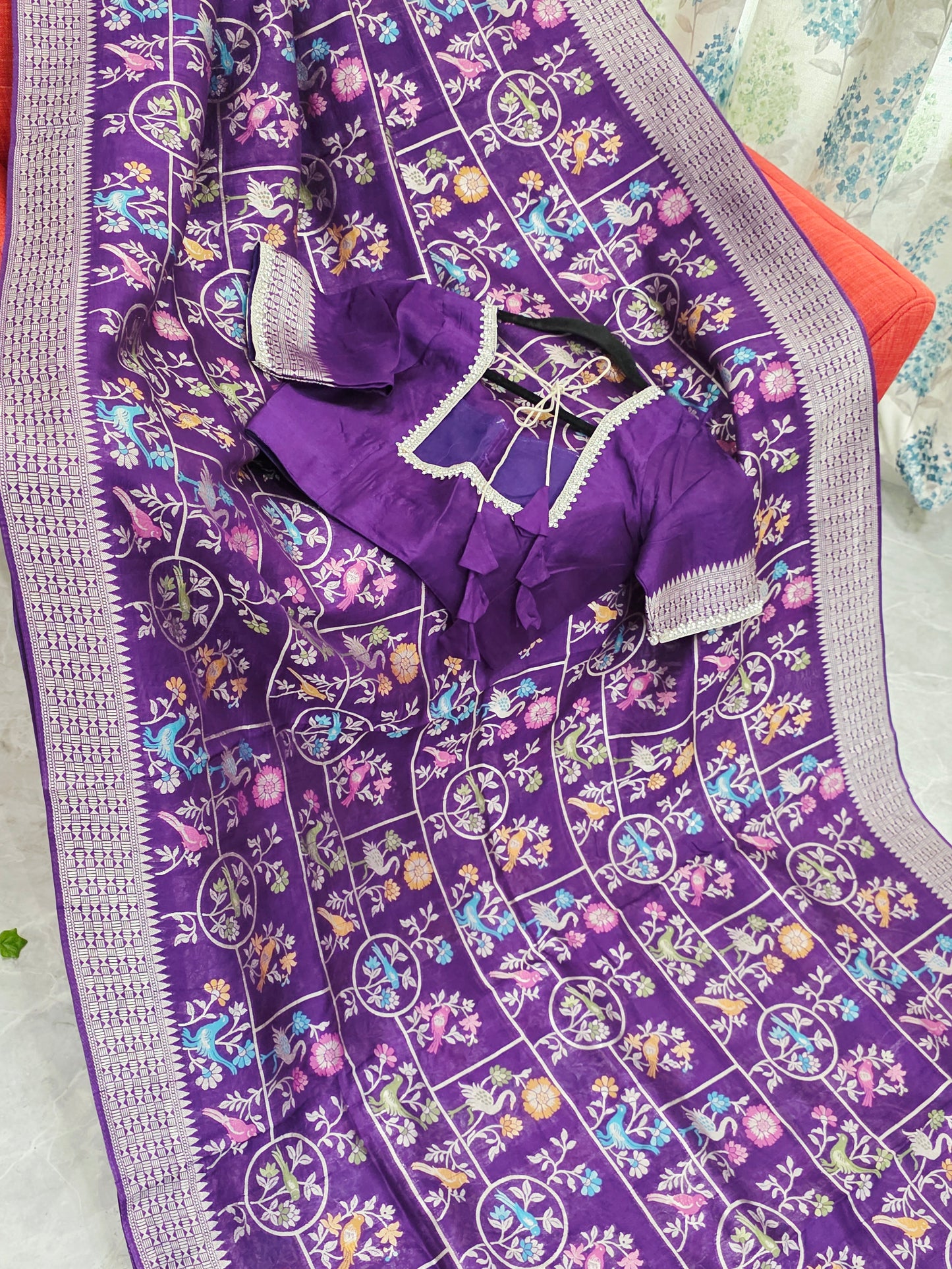 Royal Violet Chanderi Linen Tussar Blended Benarasi Saree With Stitched Blouse