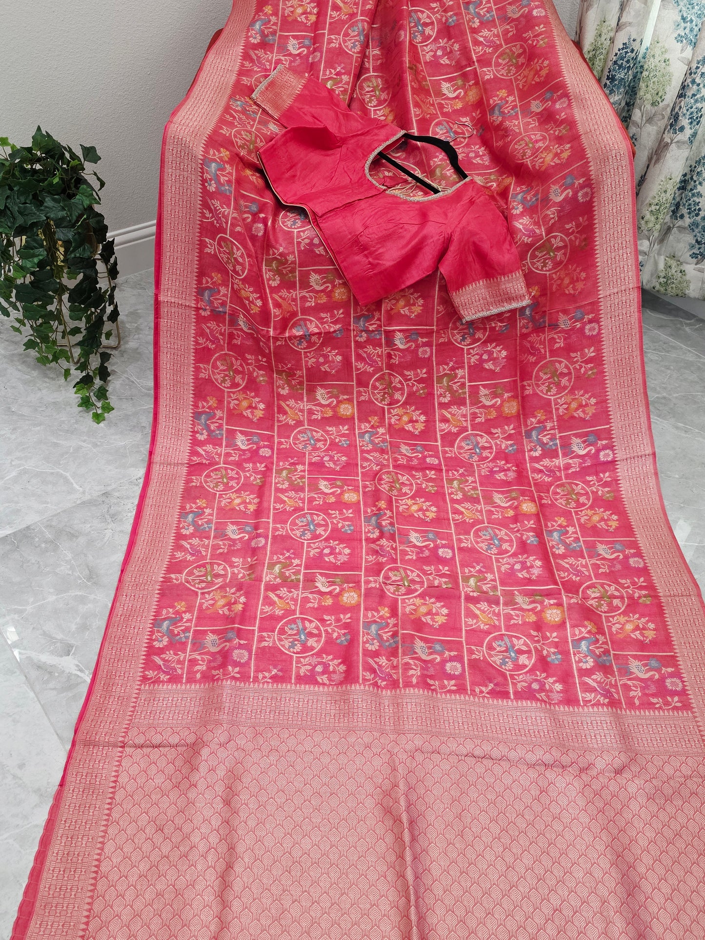 Rose Blush Pink Chanderi Linen Tussar Blended Benarasi Saree With Stitched Blouse