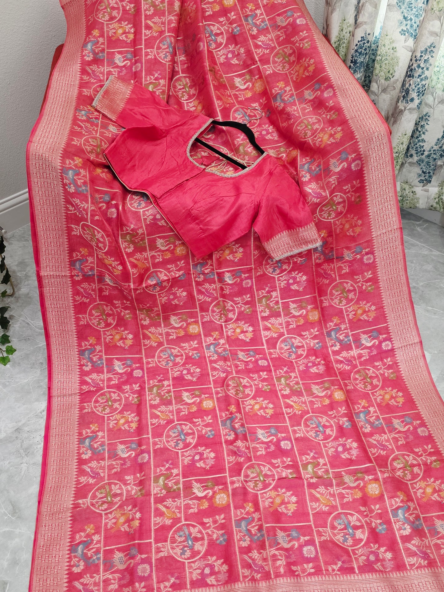 Rose Blush Pink Chanderi Linen Tussar Blended Benarasi Saree With Stitched Blouse