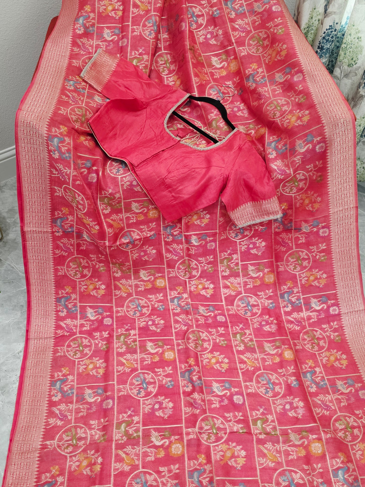 Rose Blush Pink Chanderi Linen Tussar Blended Benarasi Saree With Stitched Blouse