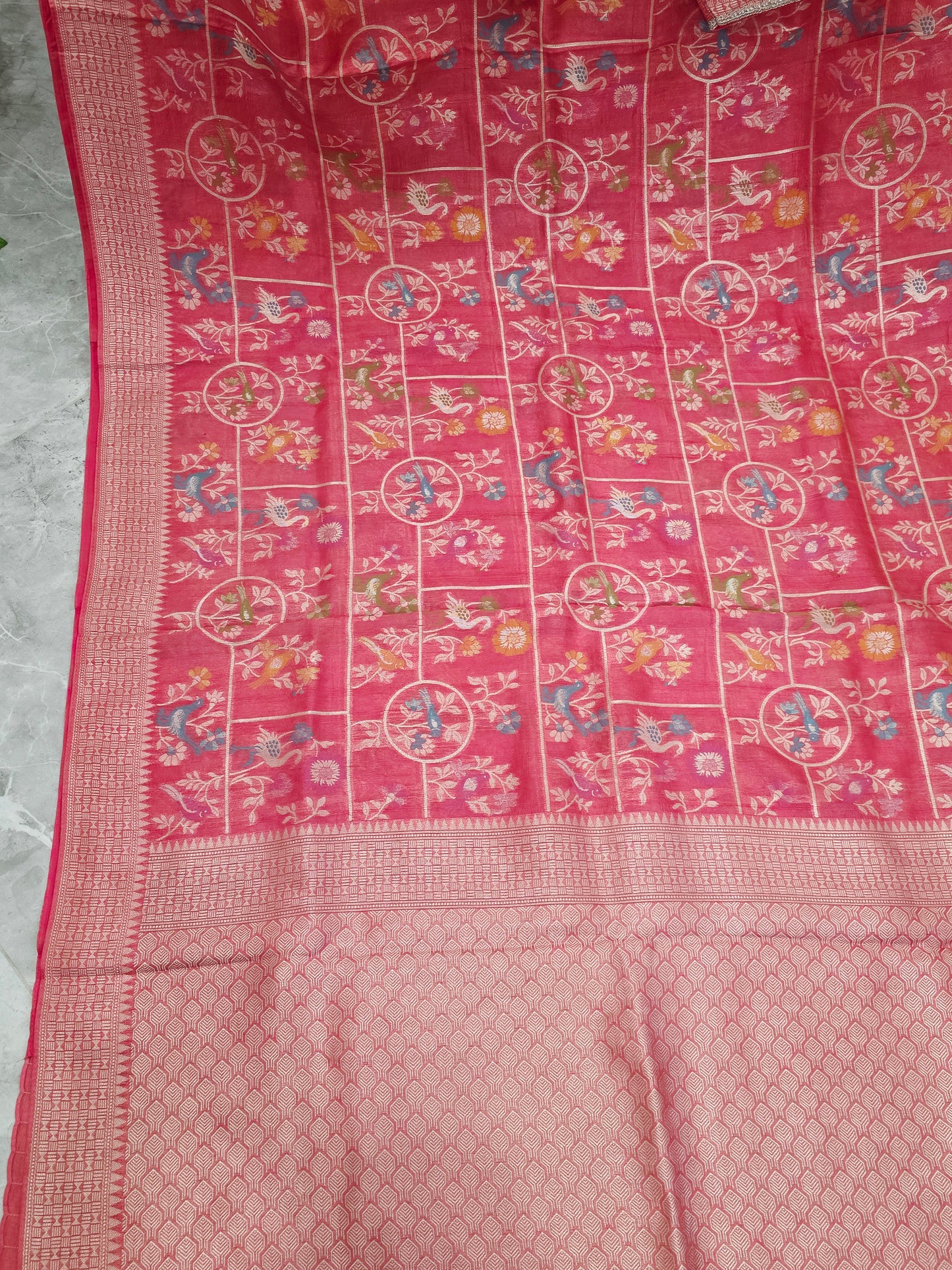 Rose Blush Pink Chanderi Linen Tussar Blended Benarasi Saree With Stitched Blouse