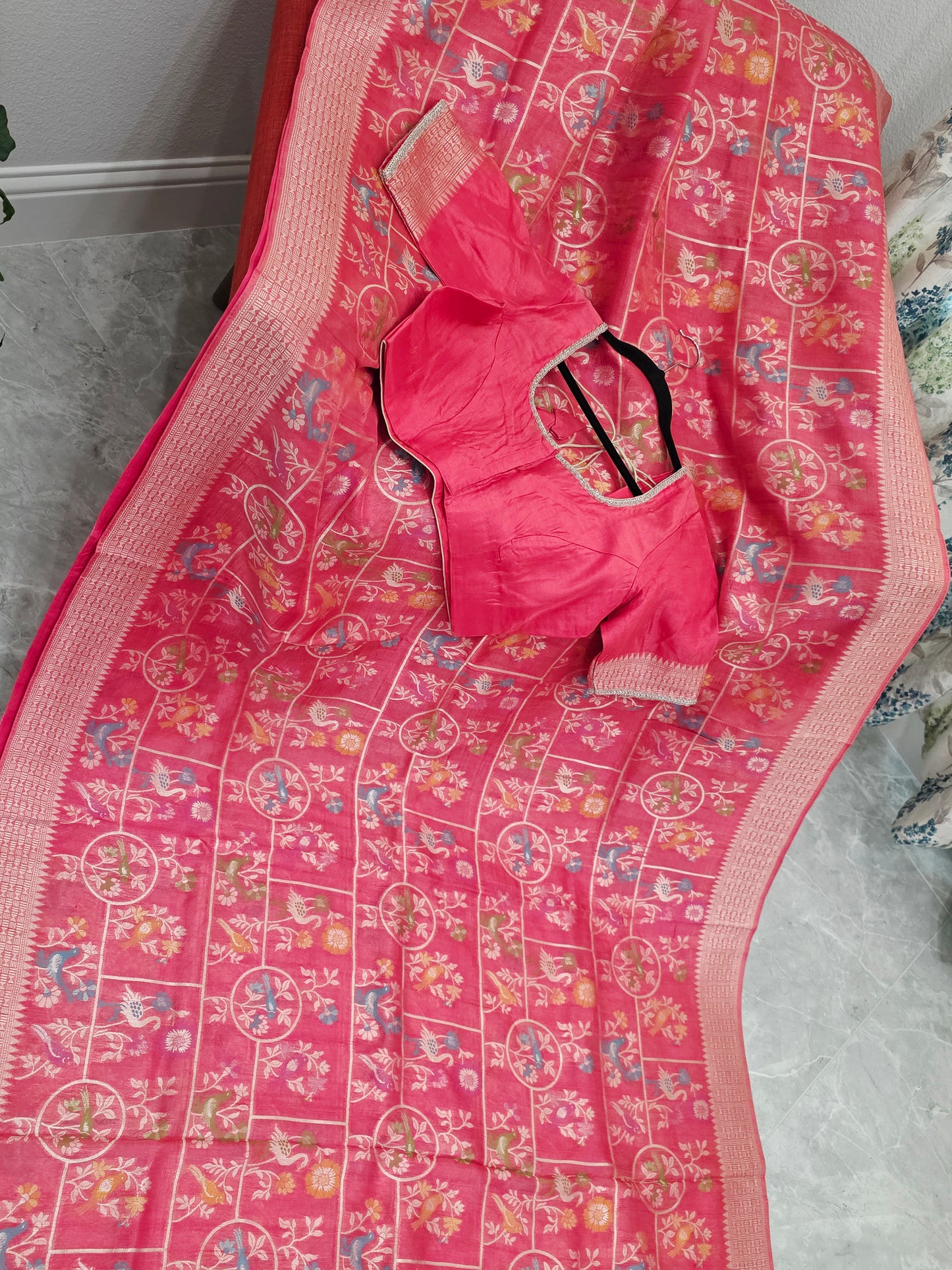 Rose Blush Pink Chanderi Linen Tussar Blended Benarasi Saree With Stitched Blouse