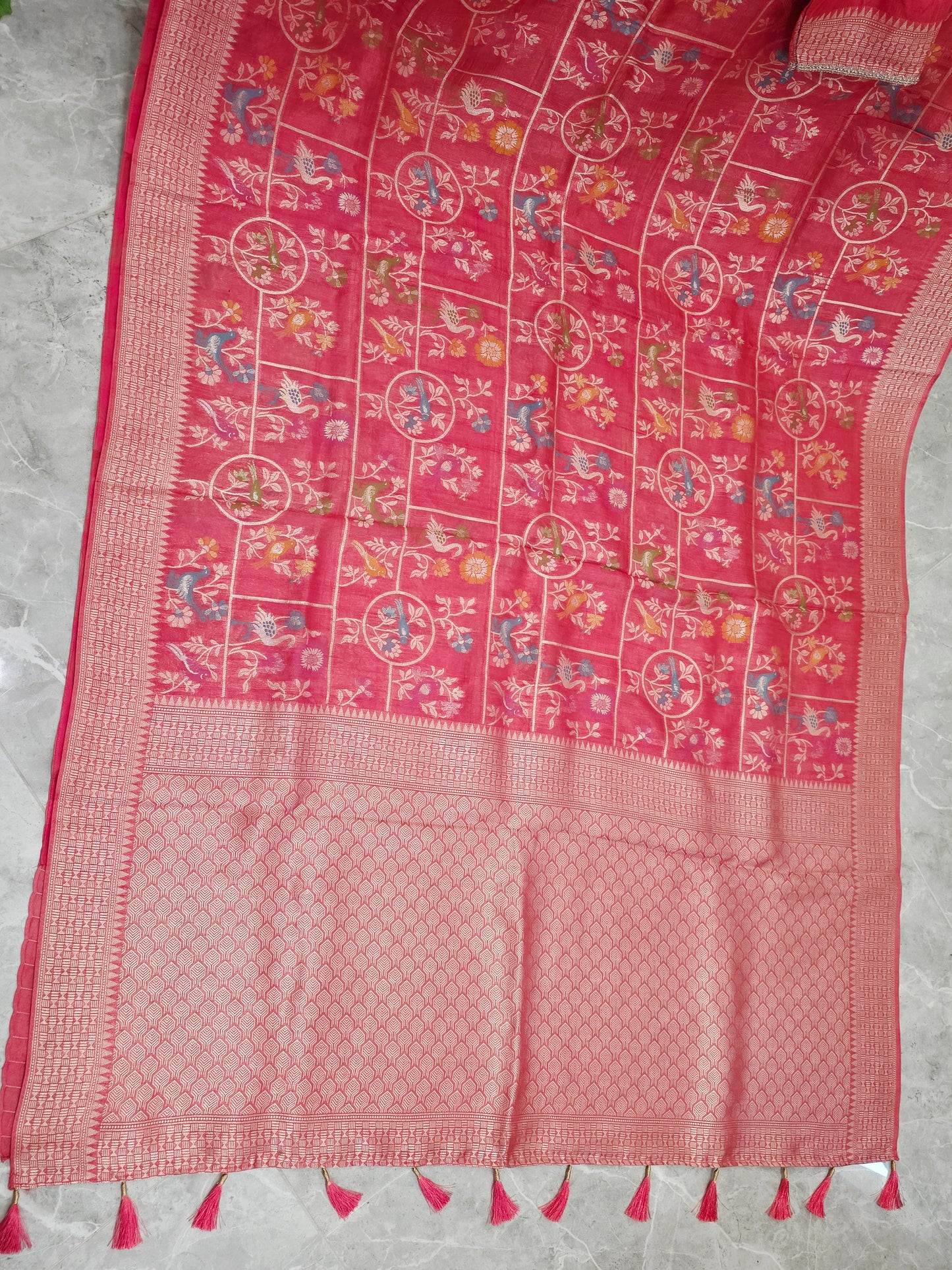 Rose Blush Pink Chanderi Linen Tussar Blended Benarasi Saree With Stitched Blouse