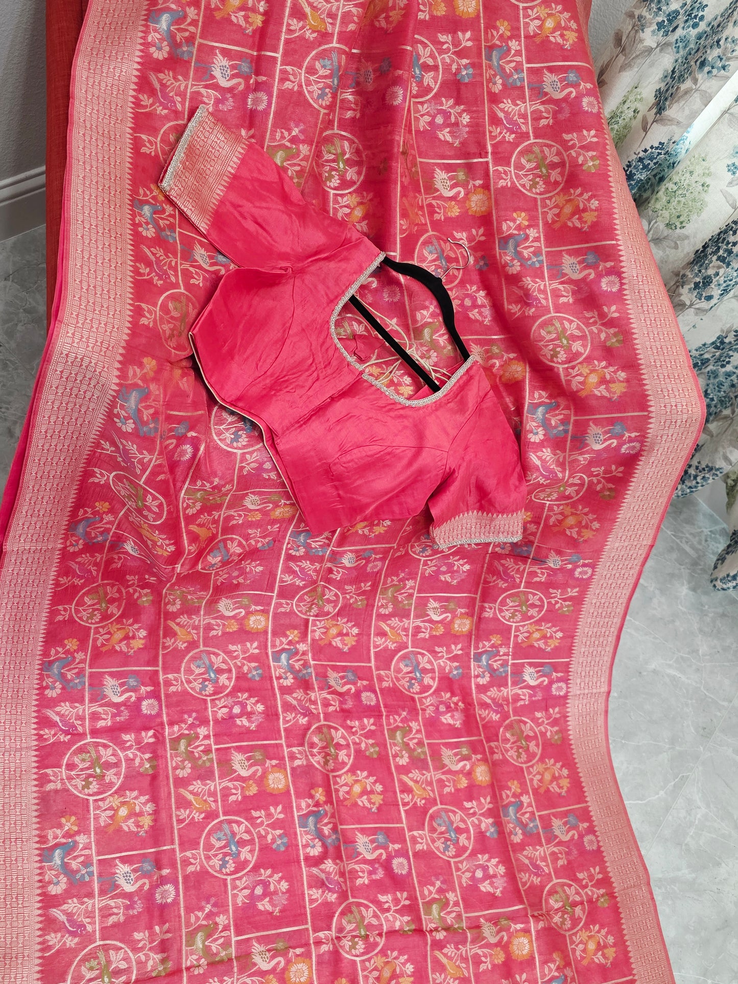 Rose Blush Pink Chanderi Linen Tussar Blended Benarasi Saree With Stitched Blouse
