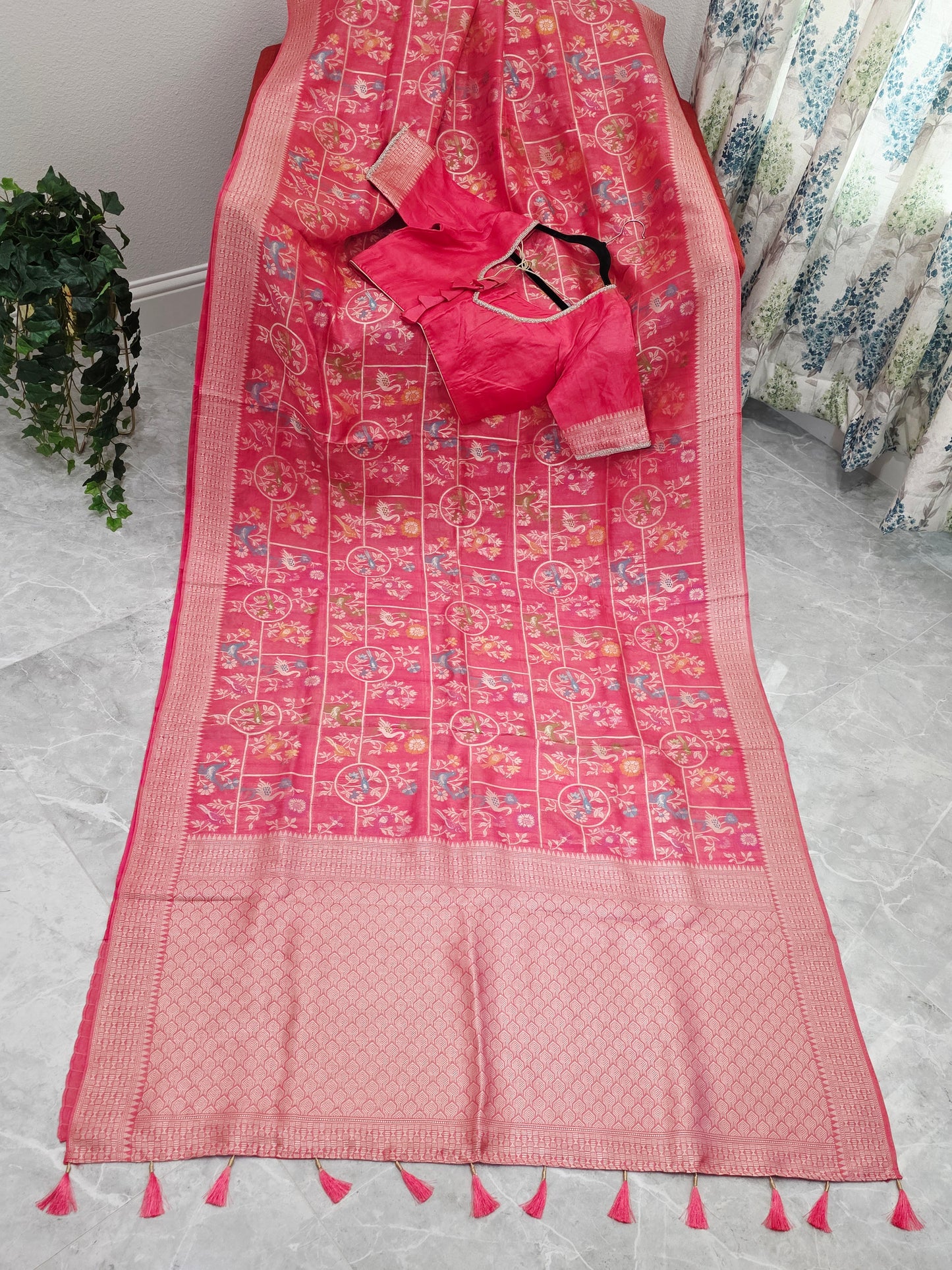 Rose Blush Pink Chanderi Linen Tussar Blended Benarasi Saree With Stitched Blouse