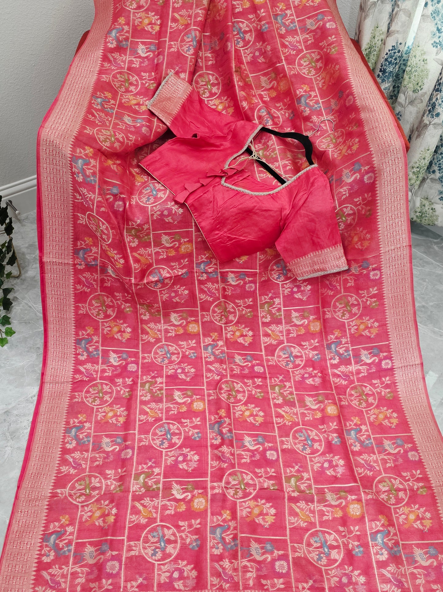 Rose Blush Pink Chanderi Linen Tussar Blended Benarasi Saree With Stitched Blouse