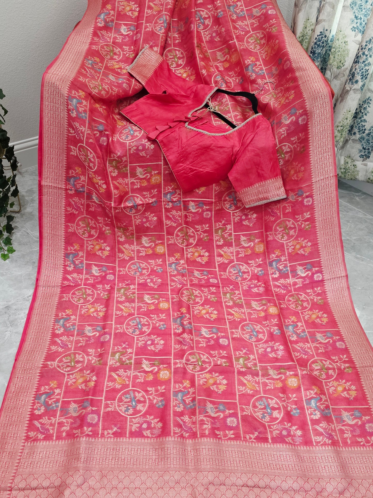 Rose Blush Pink Chanderi Linen Tussar Blended Benarasi Saree With Stitched Blouse