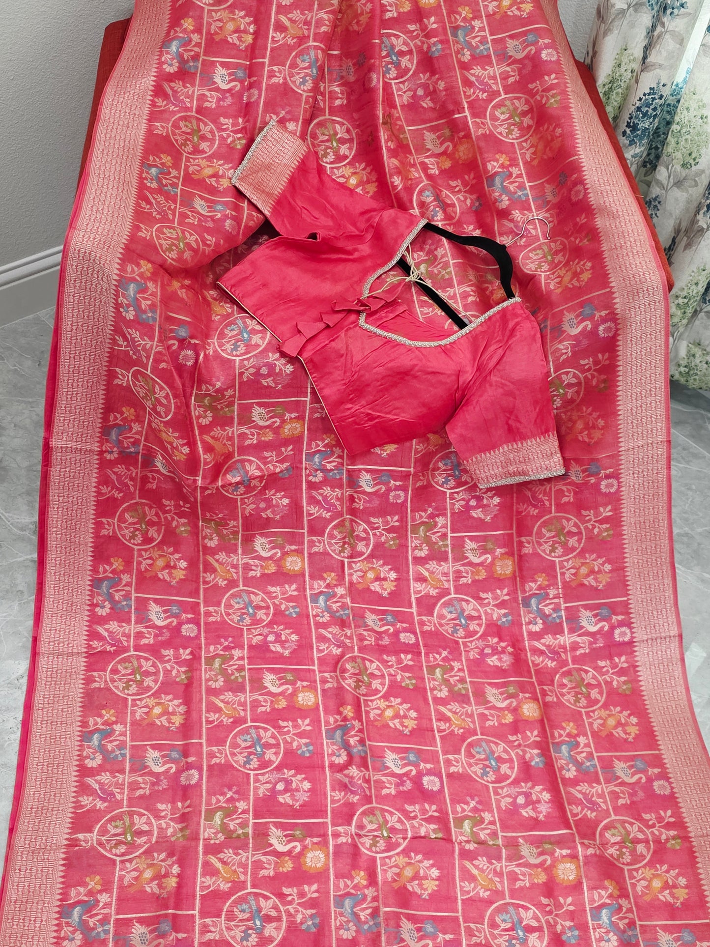 Rose Blush Pink Chanderi Linen Tussar Blended Benarasi Saree With Stitched Blouse