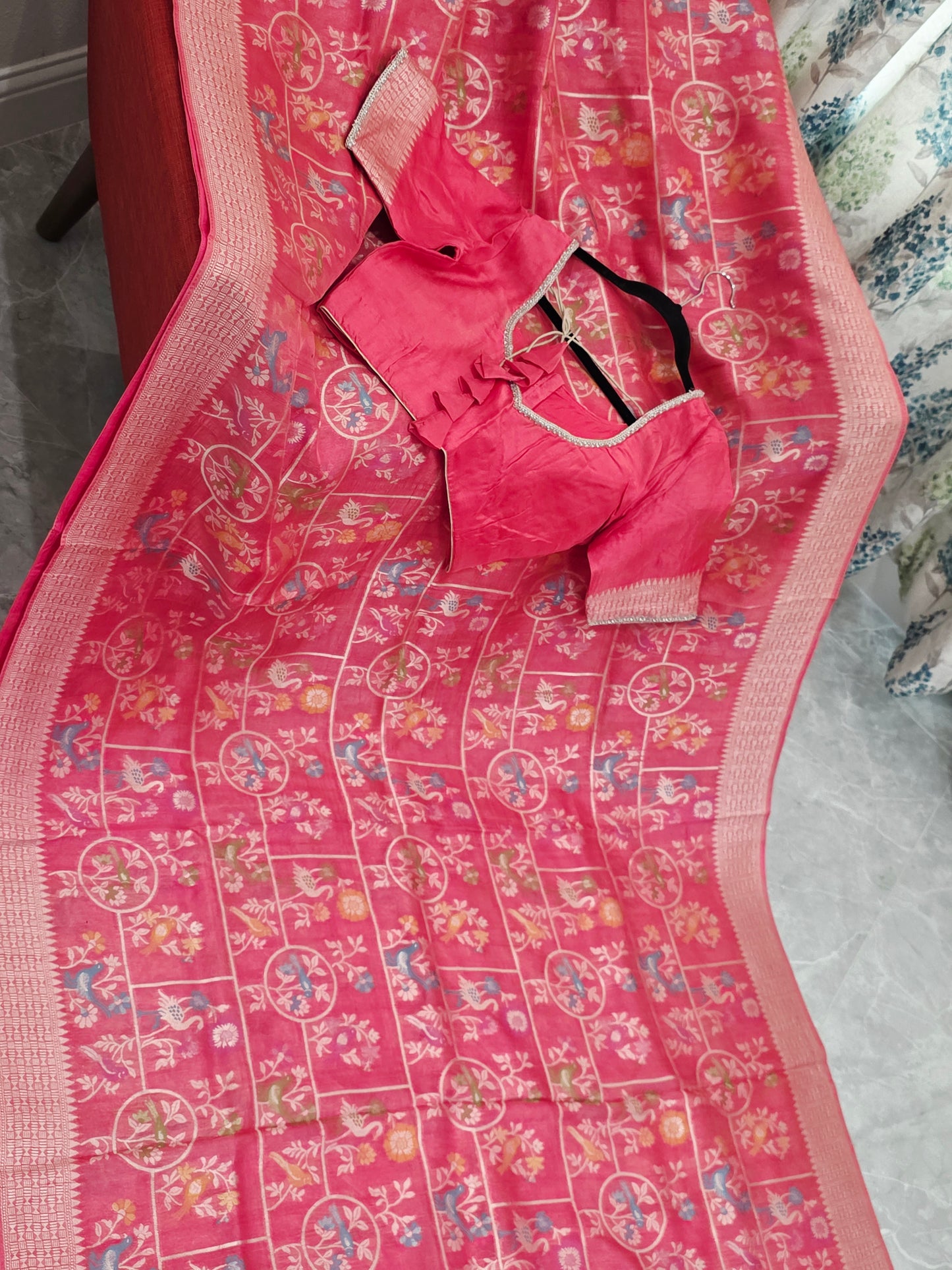 Rose Blush Pink Chanderi Linen Tussar Blended Benarasi Saree With Stitched Blouse