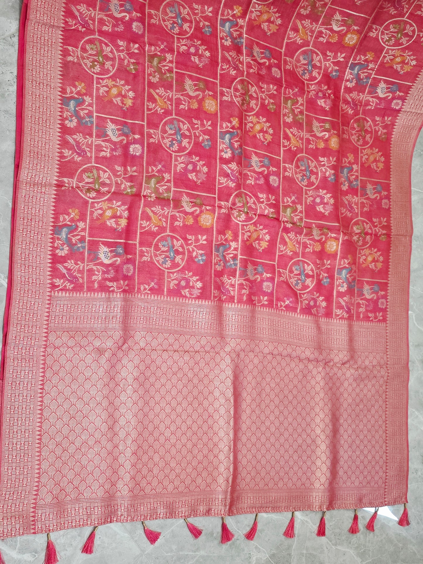 Rose Blush Pink Chanderi Linen Tussar Blended Benarasi Saree With Stitched Blouse